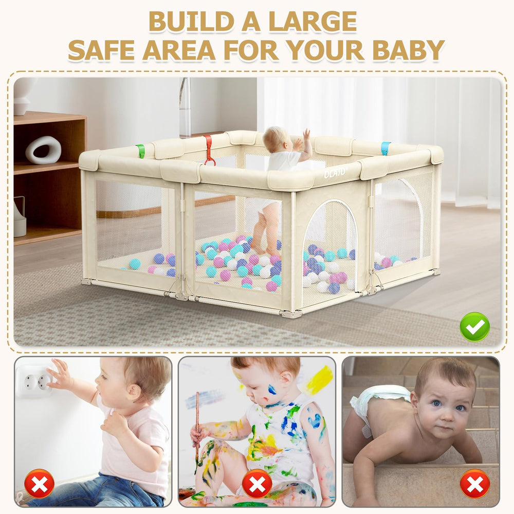 OCATO playpen shown in indoor and outdoor settings for versatile use.