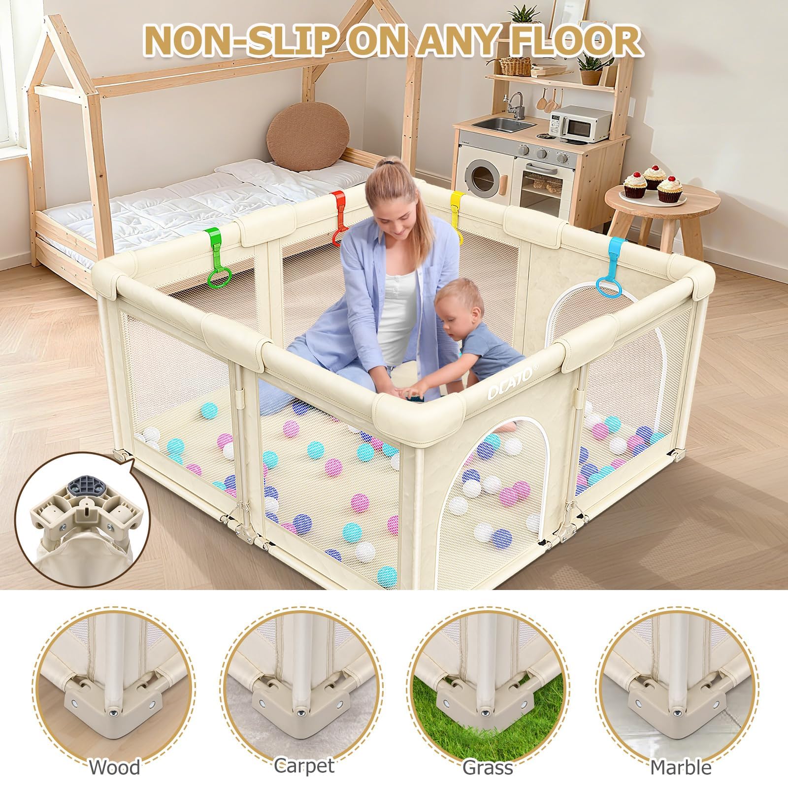 OCATO playpen non-slip base keeps the unit steady on various floors.