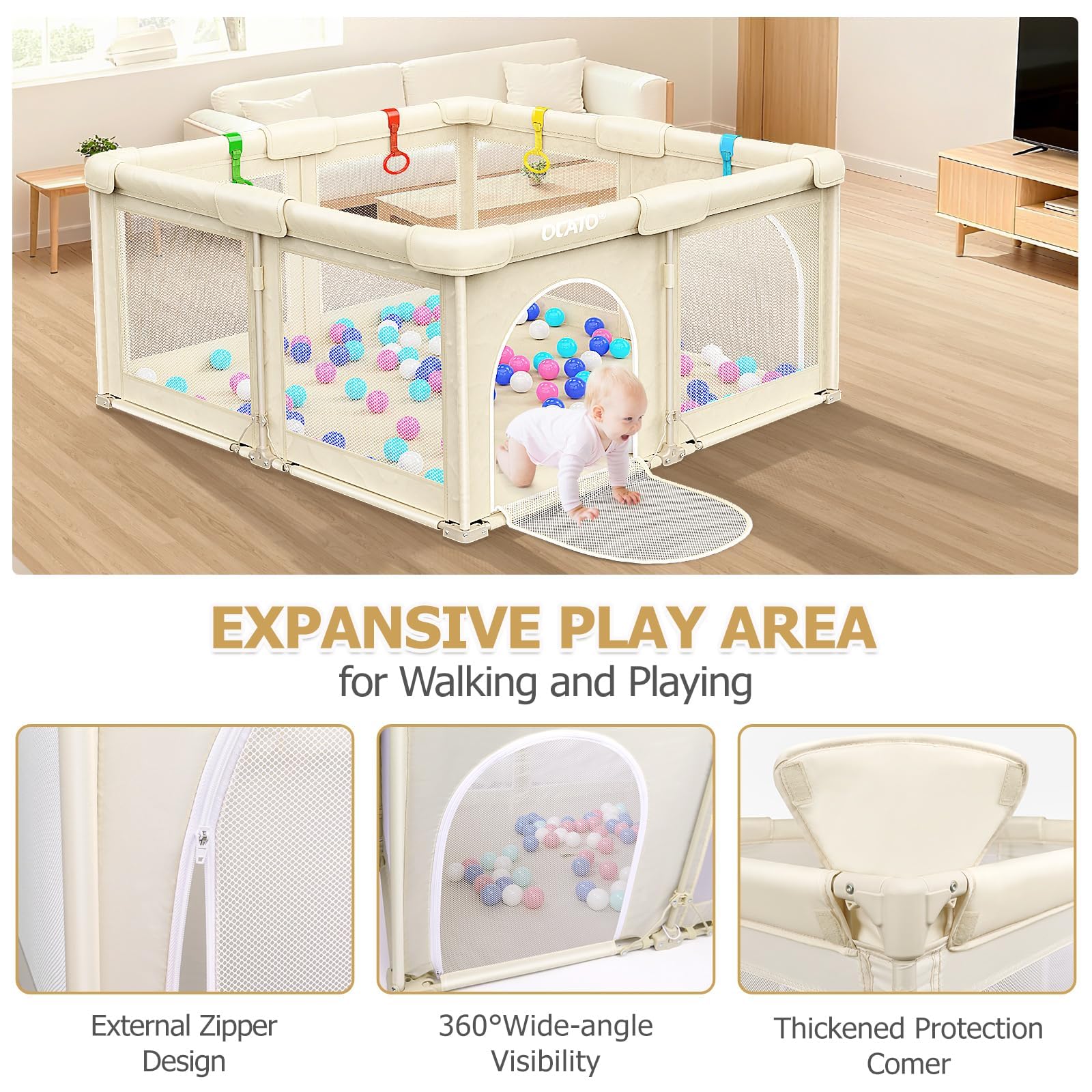 OCATO playpen safety design with BPA-free fabric and tested stability.