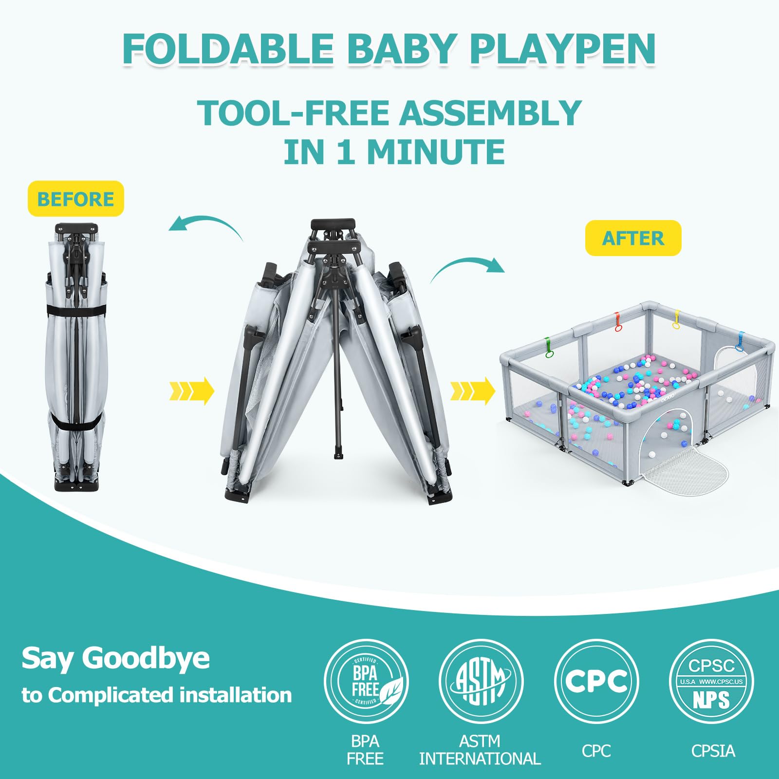 OCATO baby playpen fully assembled showing spacious play area.