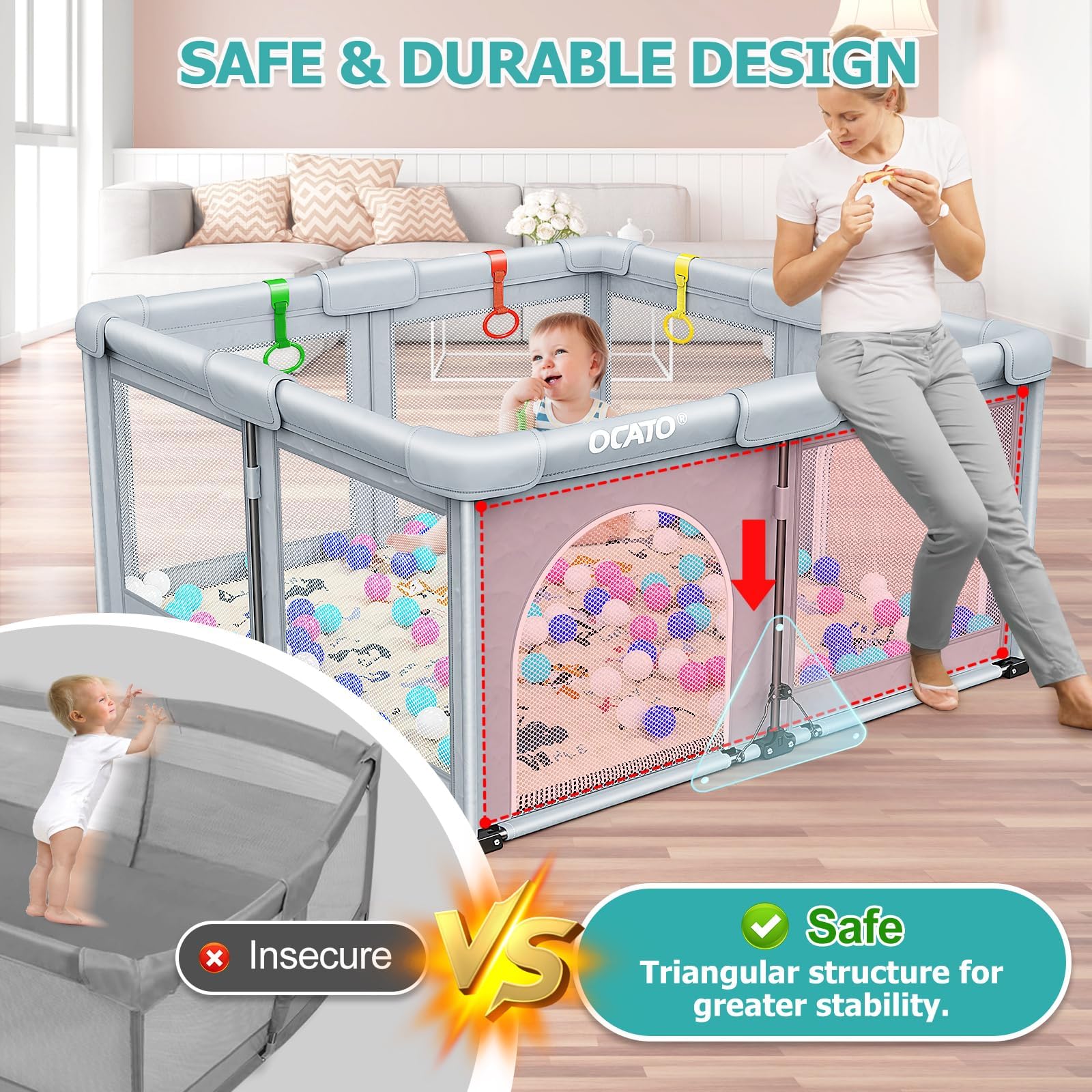 OCATO playpen bottom triangle base adds stability on different floors.