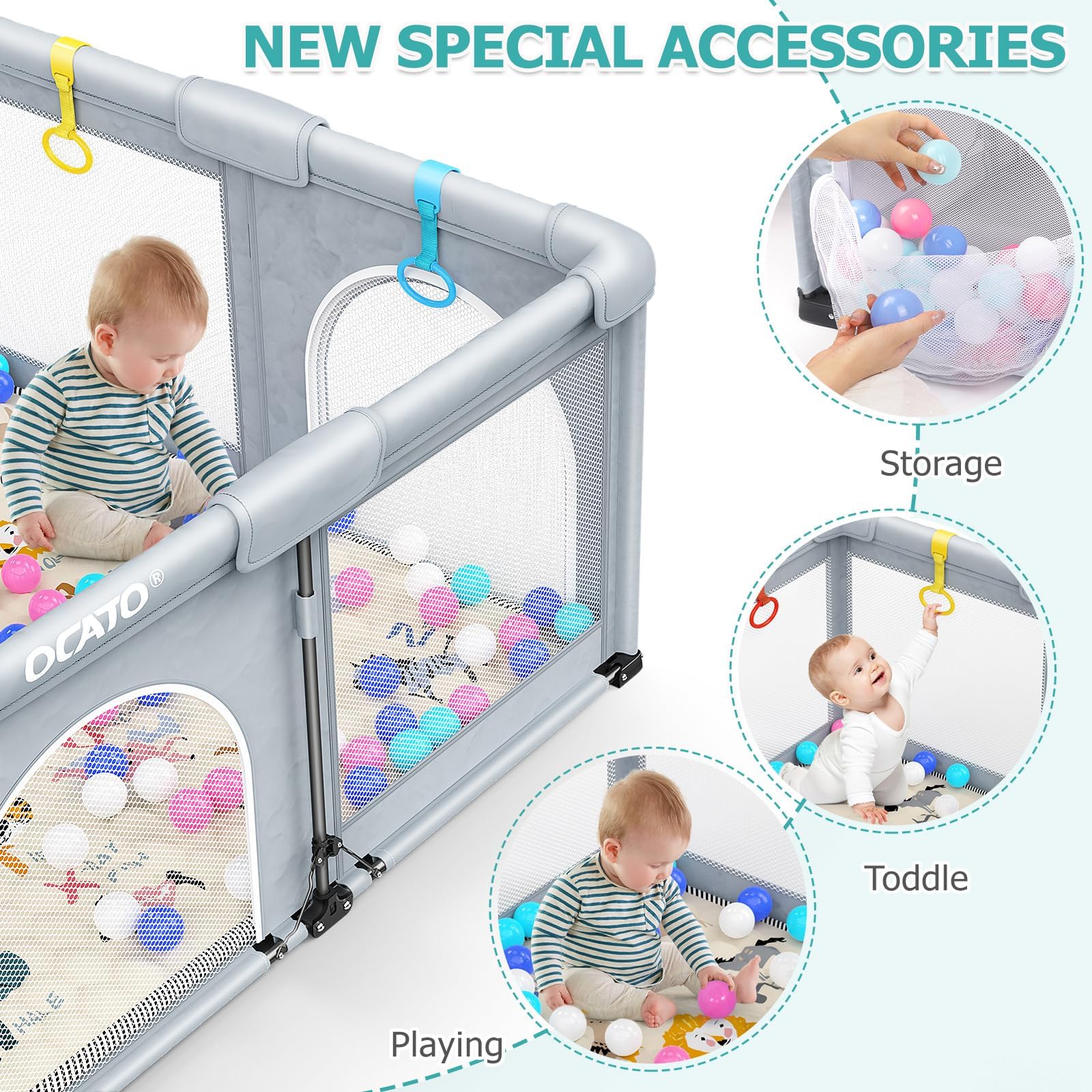 OCATO playpen features four hanging rings for supported standing practice.