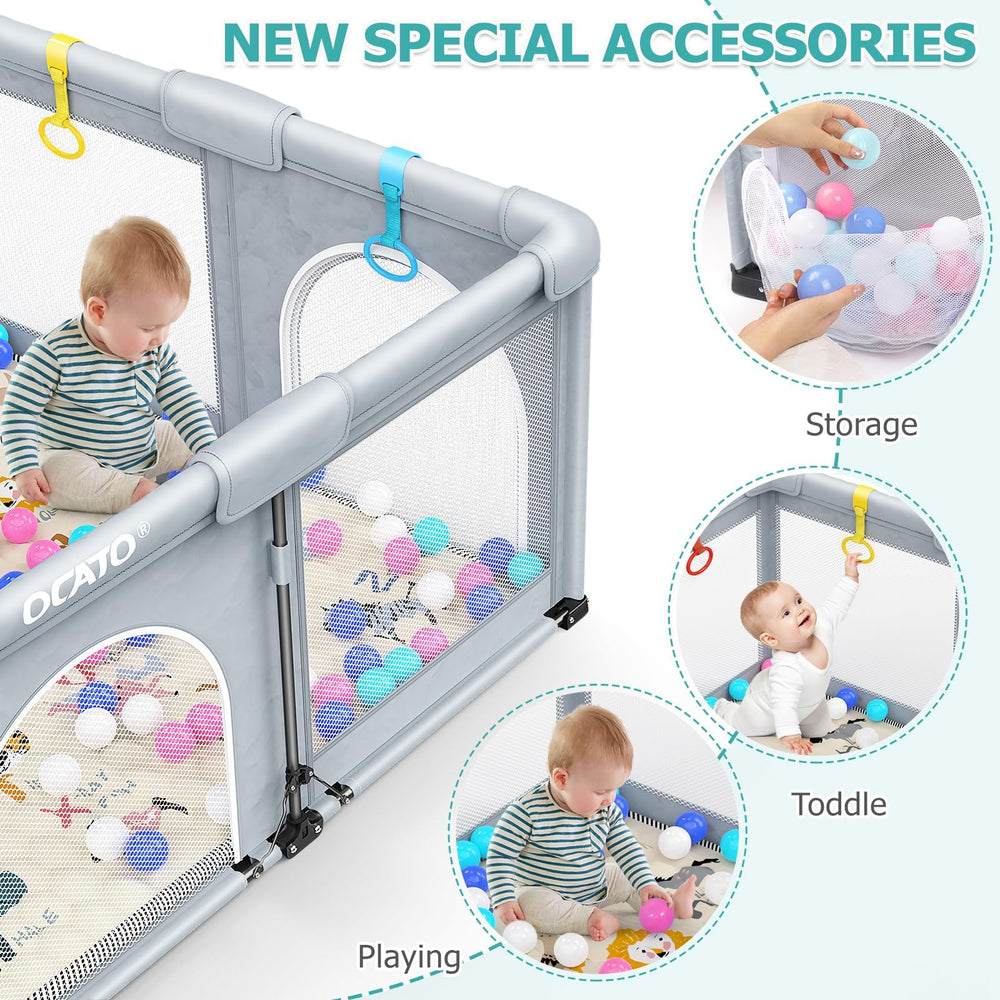 OCATO playpen features four hanging rings for supported standing practice.