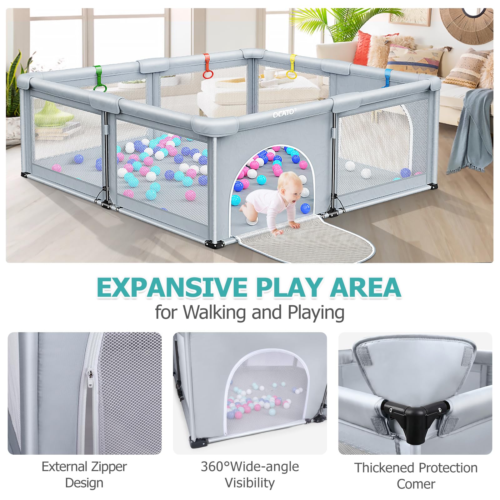 OCATO hanging-rings accessory for standing practice inside the playpen.