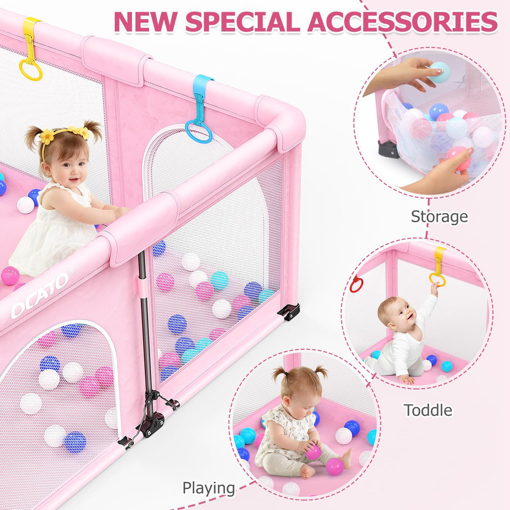 OCATO Baby Playpen with breathable mesh walls for 360° visibility.