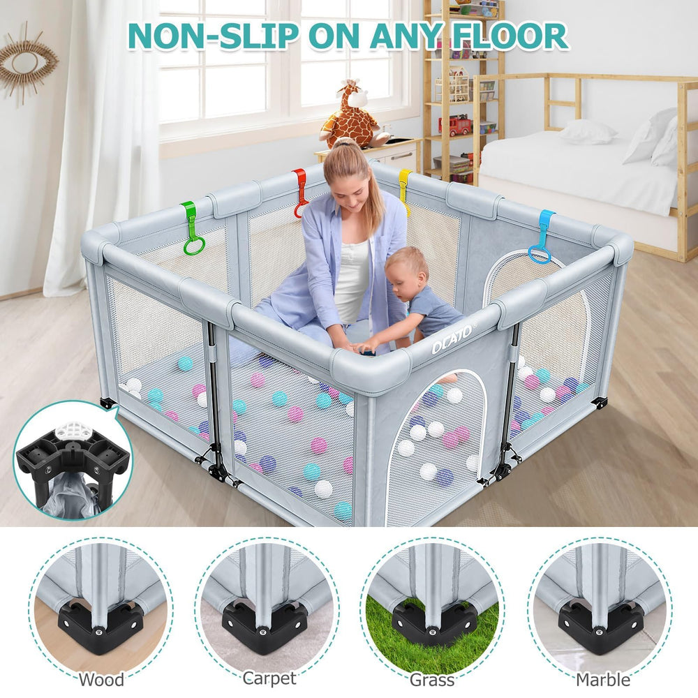 OCATO Playpen non slip base anchors on wood, carpet, or grass