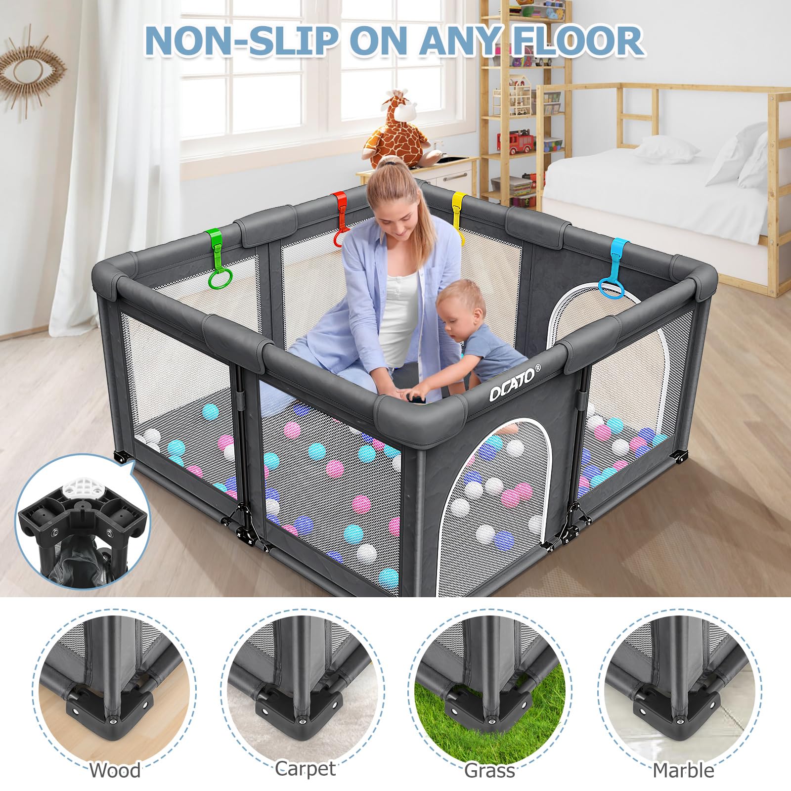 OCATO non-slip base keeps the playpen stable on any floor.