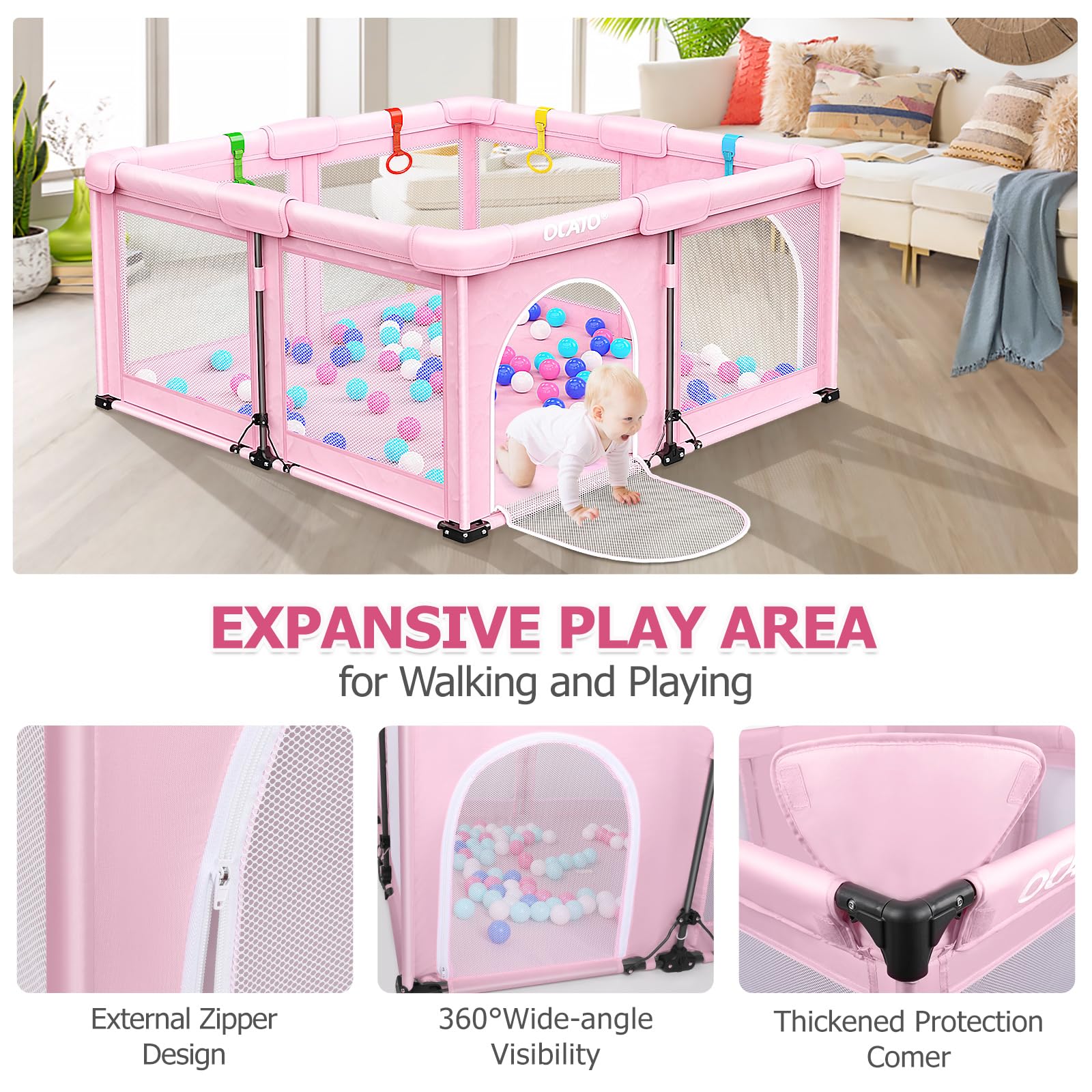 OCATO Baby Playpen ocean balls included for interactive playtime.