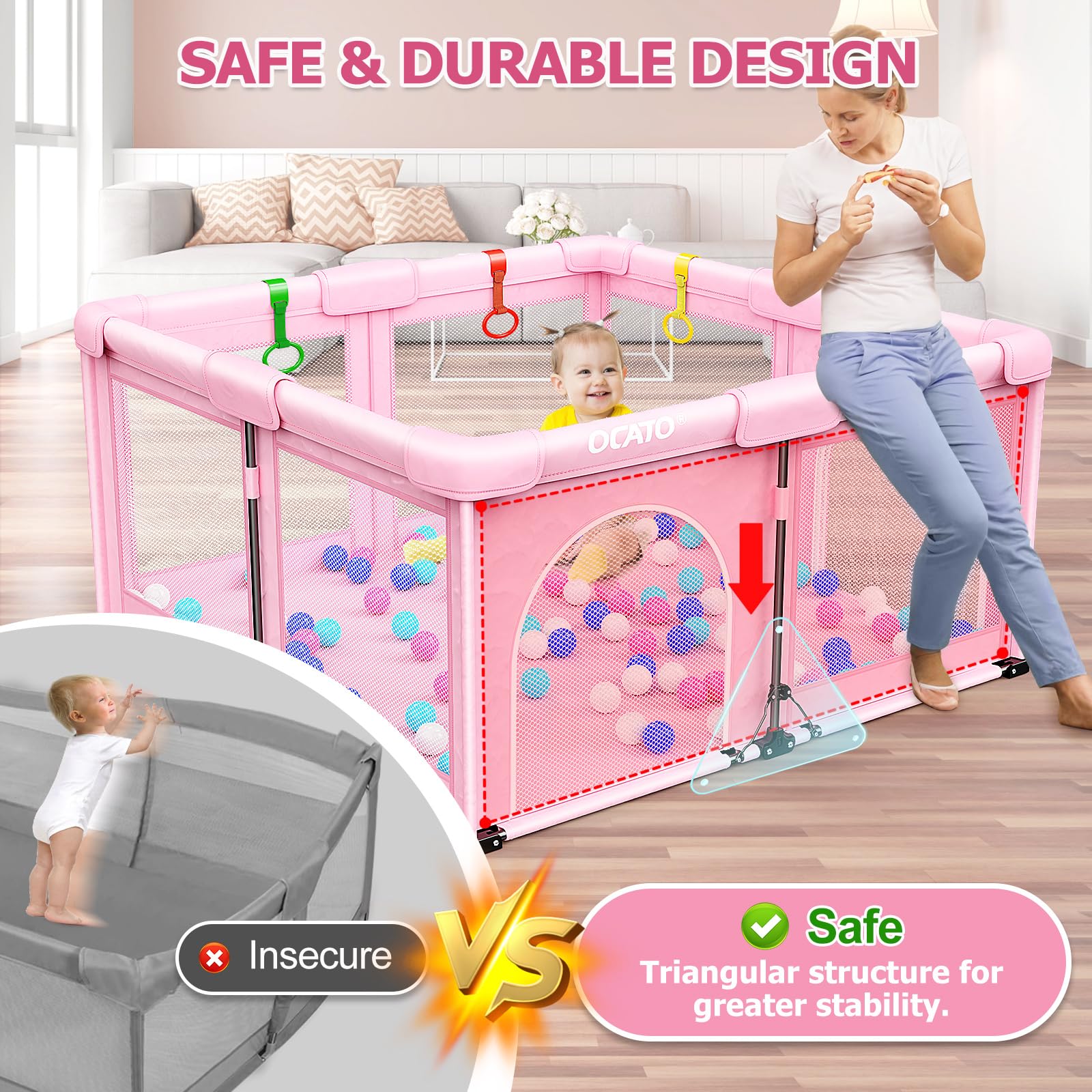 OCATO Baby Playpen side view showing spacious interior for play.