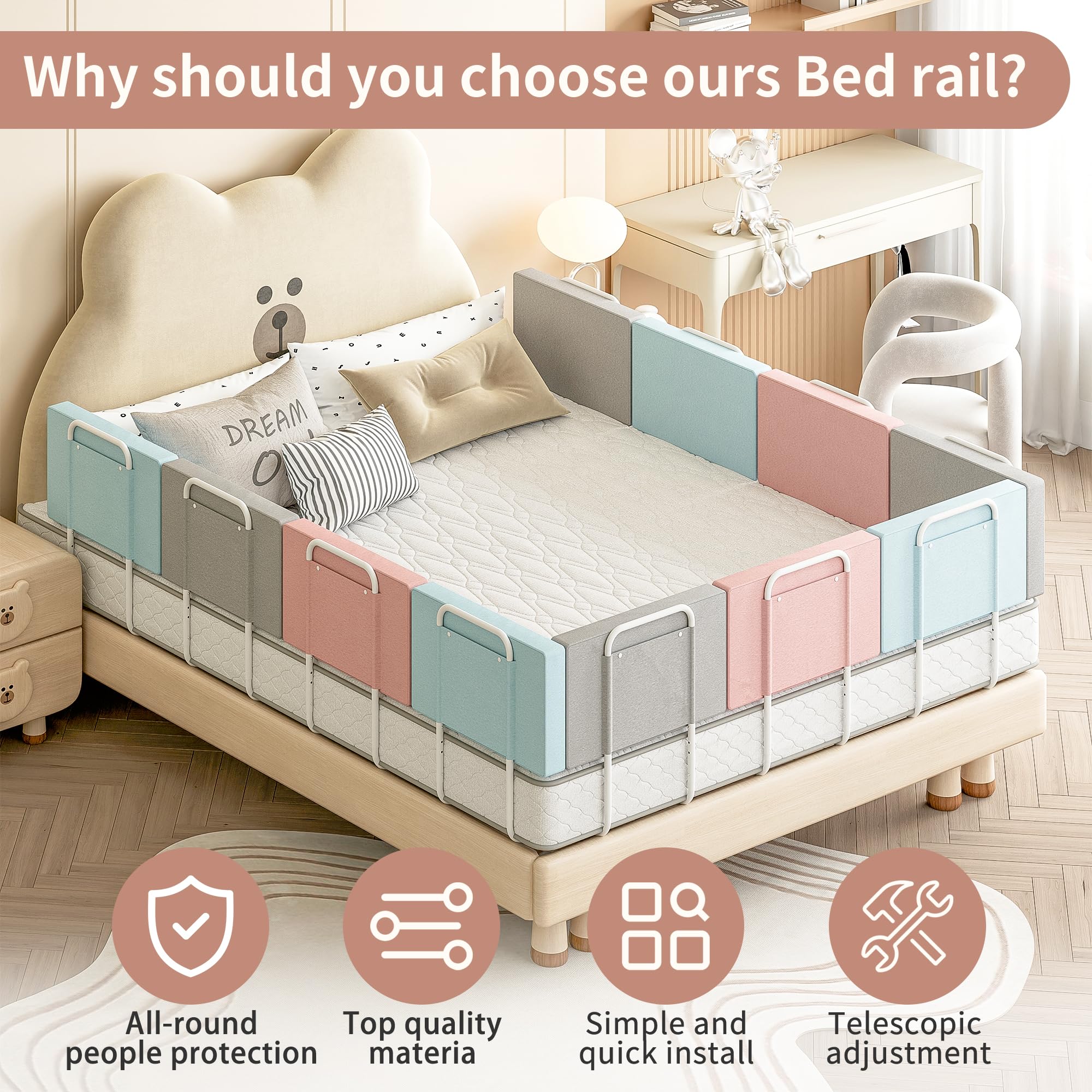 OCBAiLi guard rails adjustable to fit elderly and kids' beds.