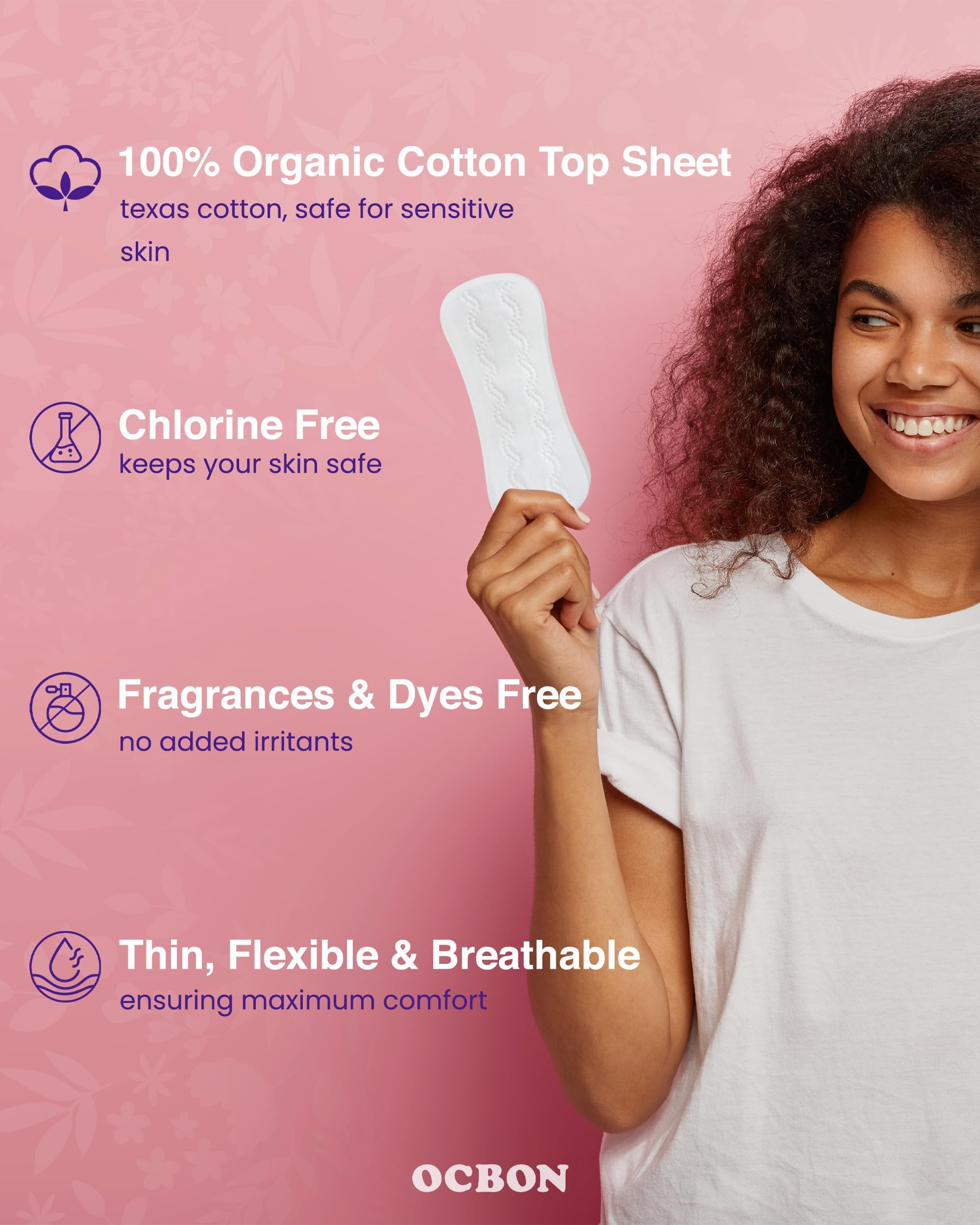 OCBON Ultra Thin Pantyliner Regular 360° leakage protection reduces leaks and clumping.