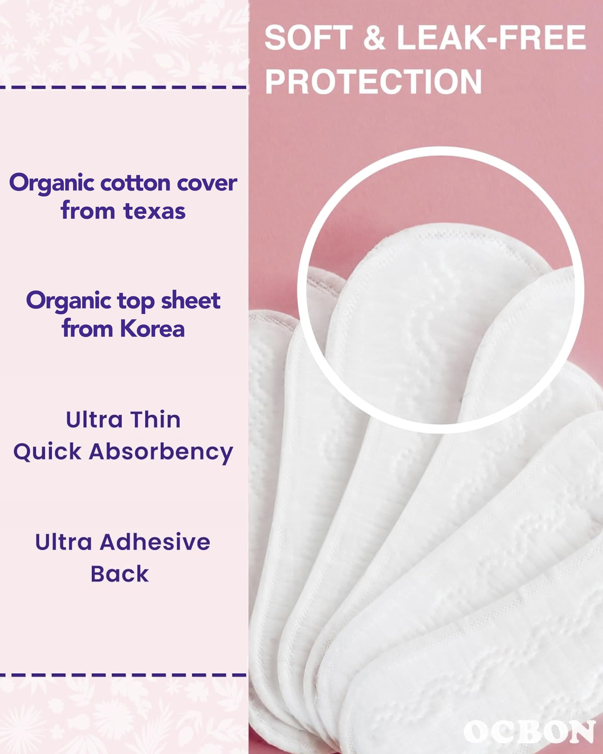 OCBON Ultra Thin Pantyliner Regular top sheet closeup showing soft organic cotton.