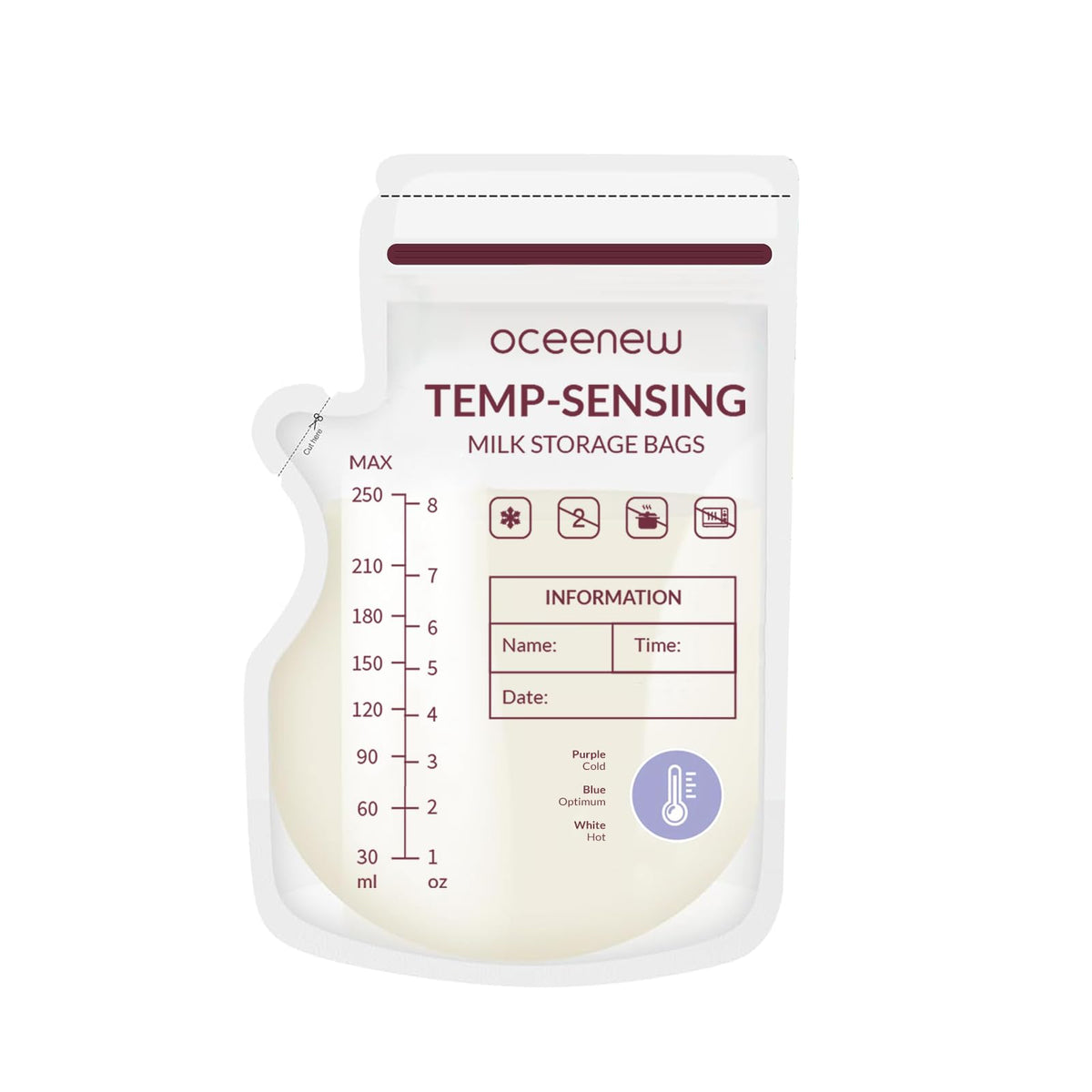 Oceenew temperature-sensing color-change bag signals milk temperature for safe feeding