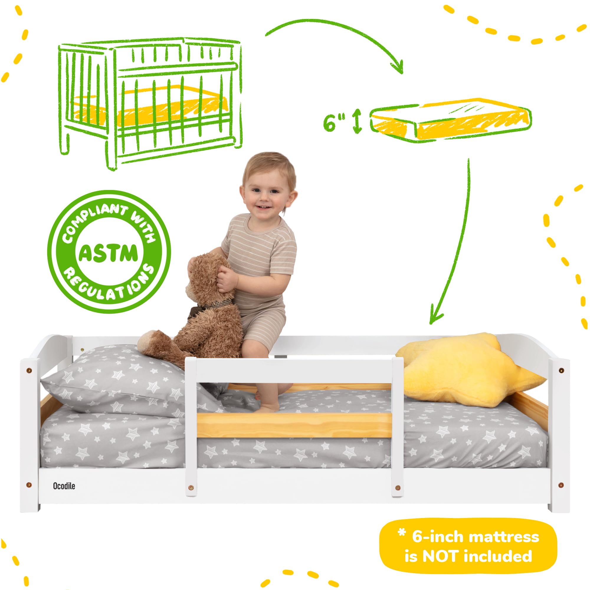 Ocodile Toddler Bed rails finish options display non-toxic color choices.