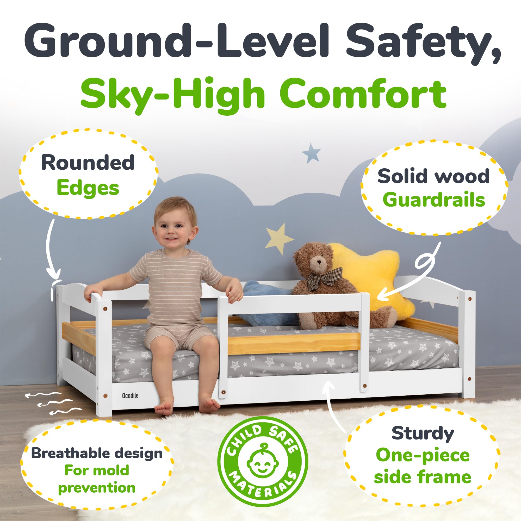 Ocodile Toddler Bed with Rails mattress area emphasizes reuse of crib mattress.