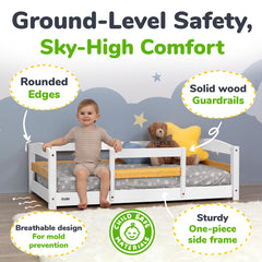 Ocodile Toddler Bed with Rails mattress area emphasizes reuse of crib mattress.