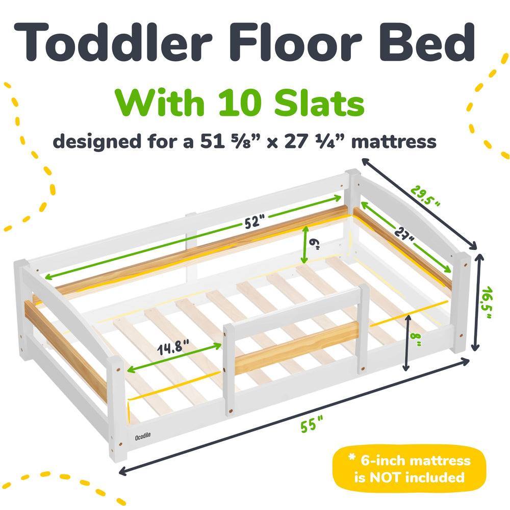 Ocodile Toddler Bed rails side view shows low profile design for mobility.