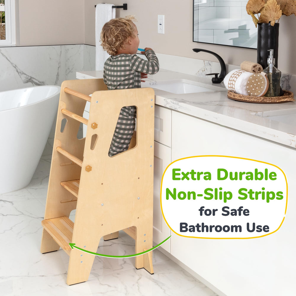 OCODILE toddler kitchen stool with safety bars enhances secure exploration during meals.