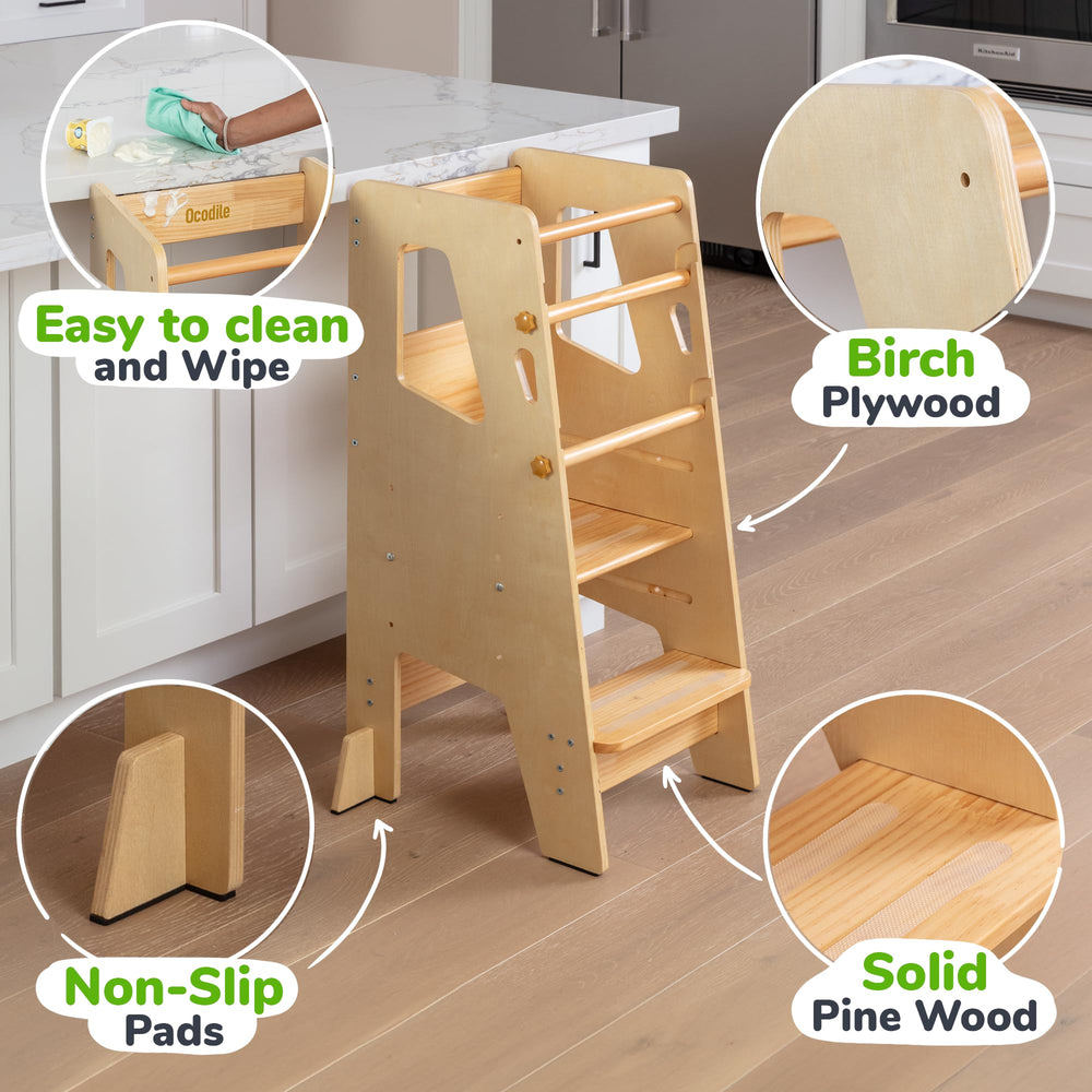 OCODILE toddler tower grows with child from 18 months to 5 years.