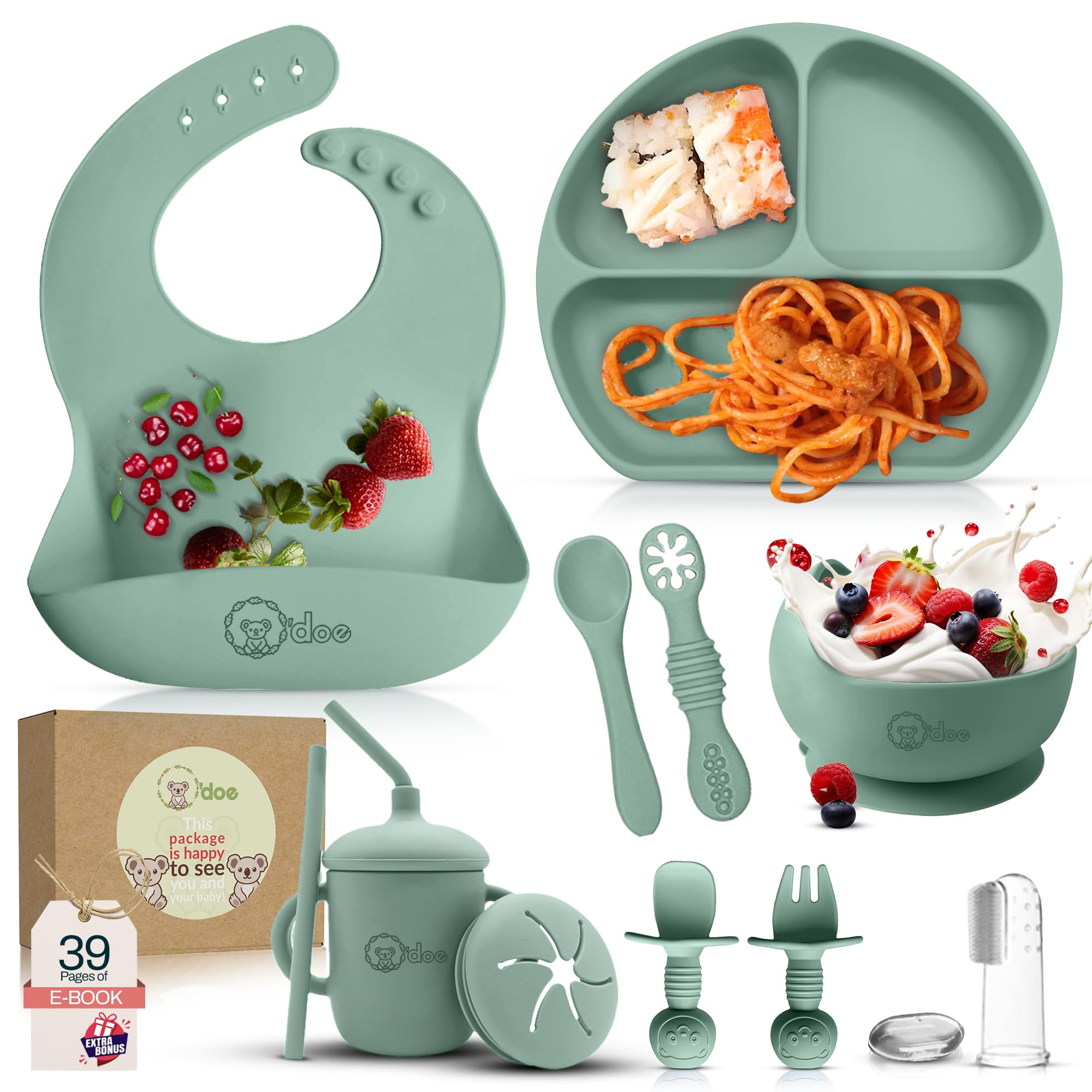 O'doe 11-piece feeding set with suction plate for mess-free self-feeding.