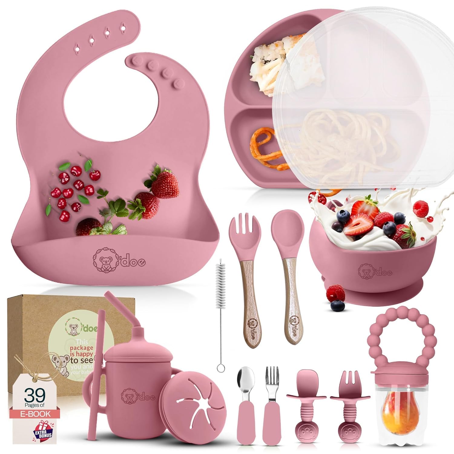 O'doe 17-piece feeding set with suction plate helps keep meals tidy for self-feeding.