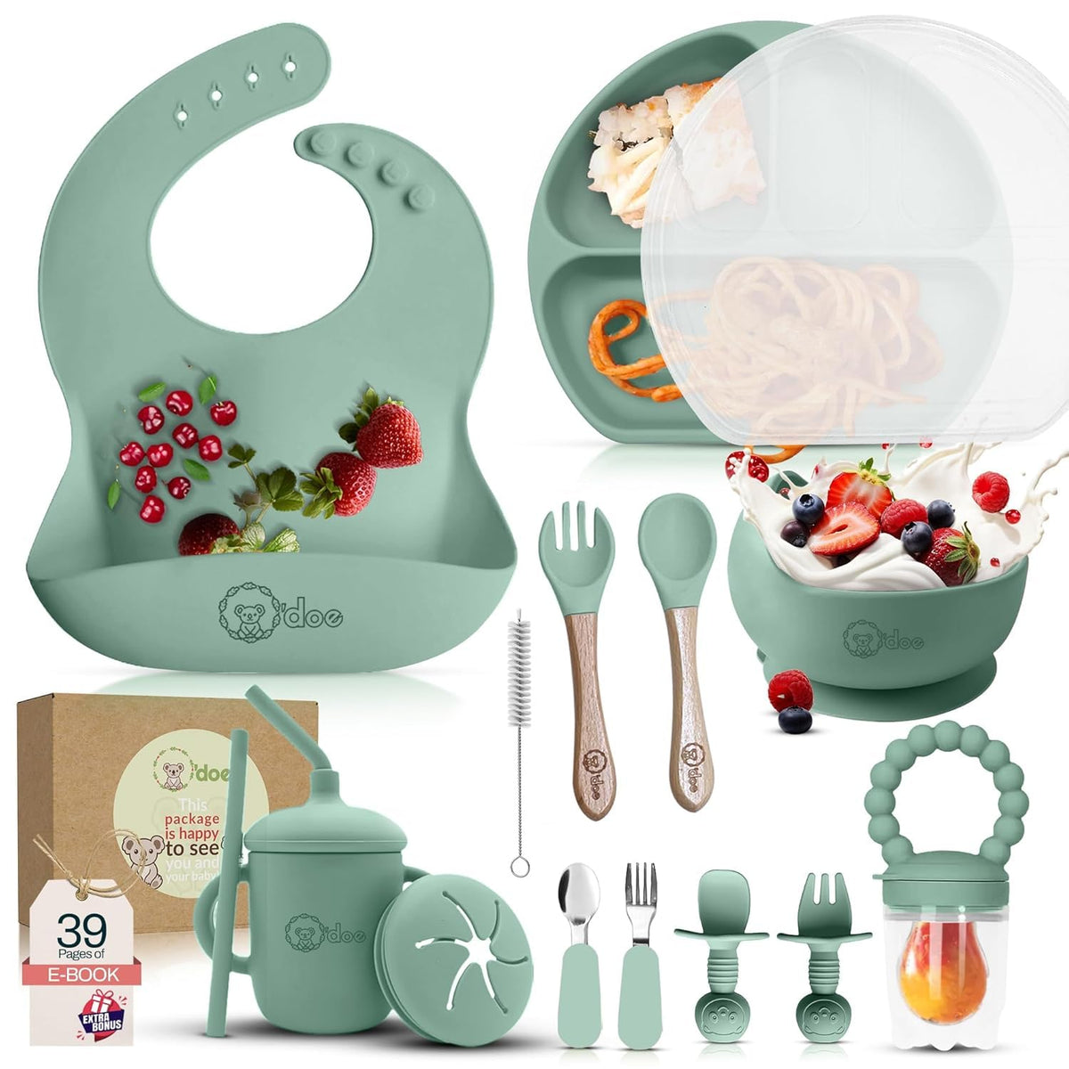 O'doe 17-piece baby feeding set laid out for self-feeding exploration.