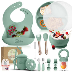 O'doe 17-piece baby feeding set laid out for self-feeding exploration.