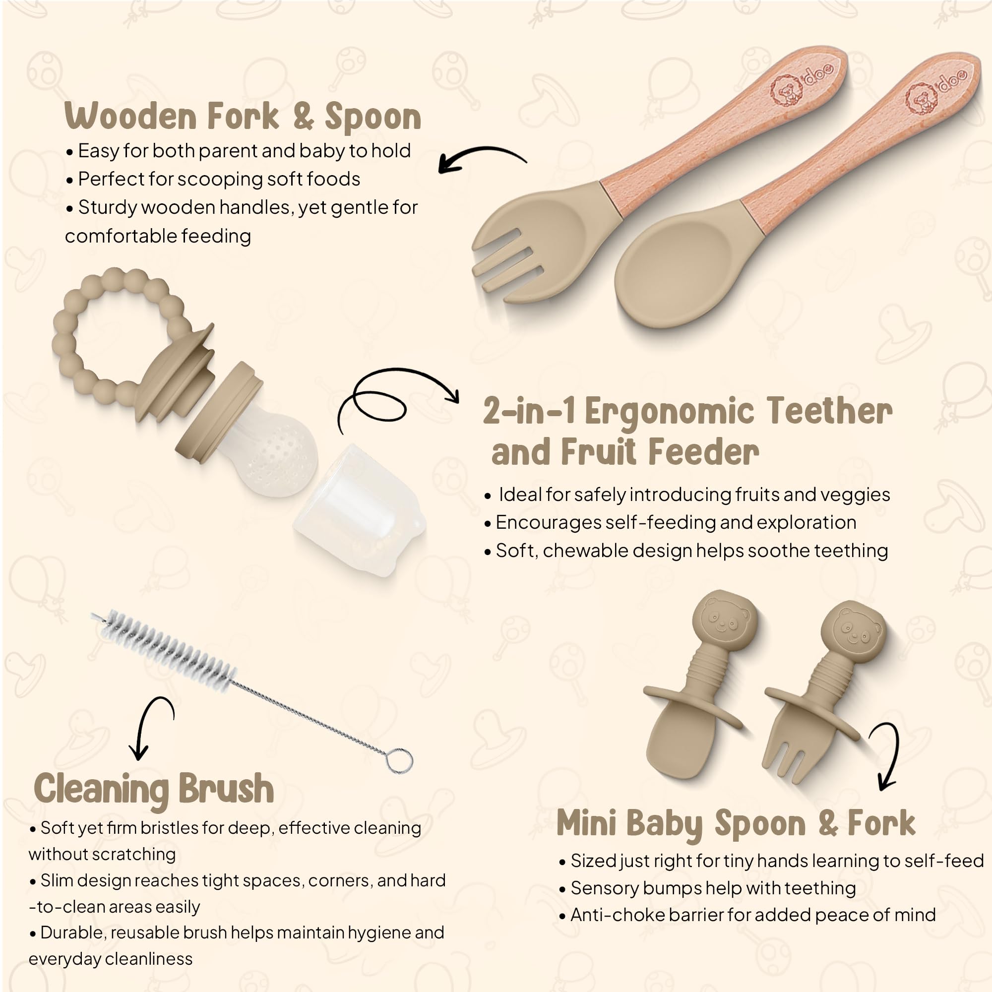 O'doe ergonomic baby utensils support tiny hands.