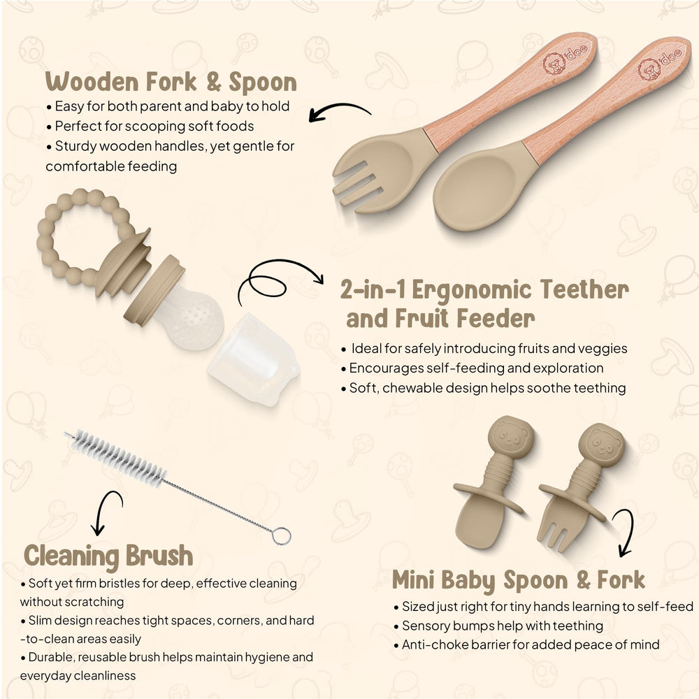 O'doe ergonomic baby utensils support tiny hands.