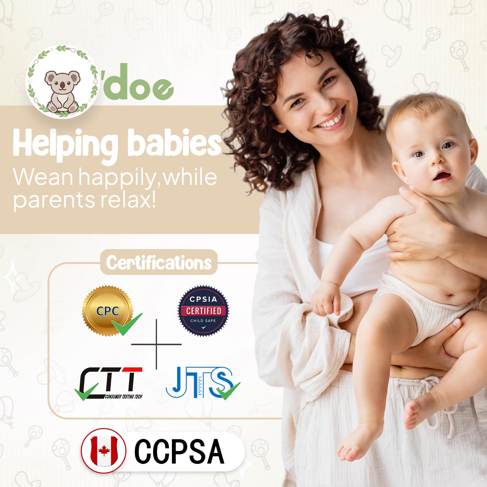 O'doe baby bib and sippy cup for easy self-feeding.