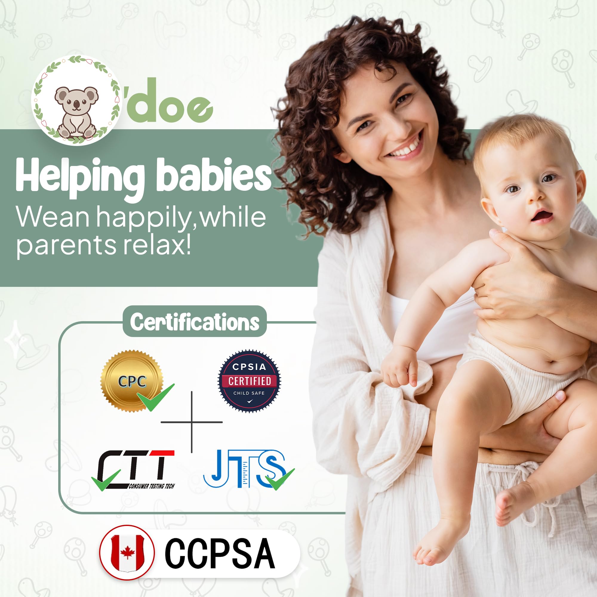 O'doe bib with catcher helps keep clothes clean during feeding.