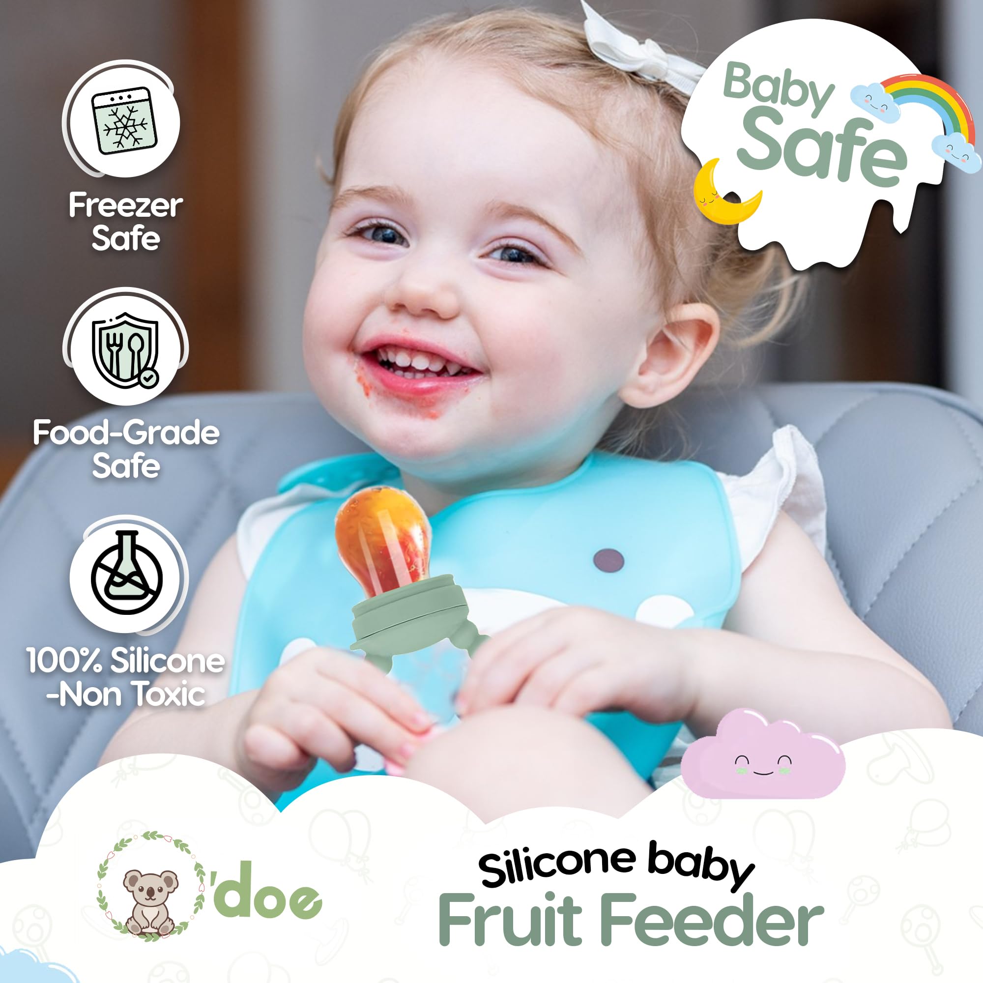O'doe fruit feeder pacifier doubles as a teether during weaning.