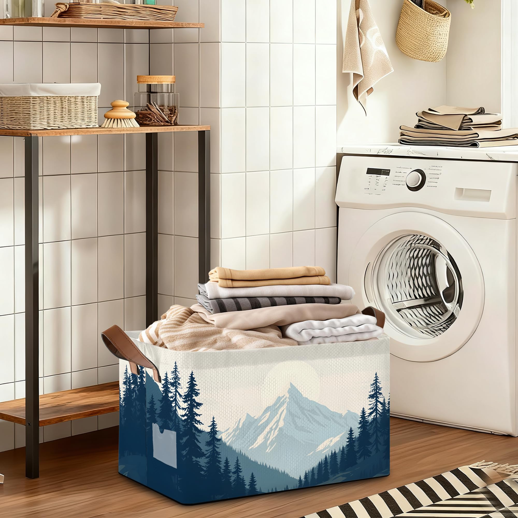 Oeaskly blue misty forest bin fabric close-up showing durable, easy-clean material.