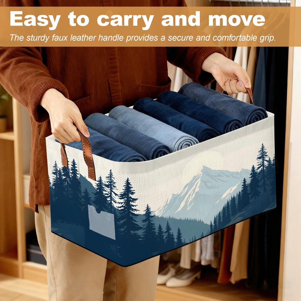 Oeaskly blue misty forest bin with handles on shelf for closet organization.