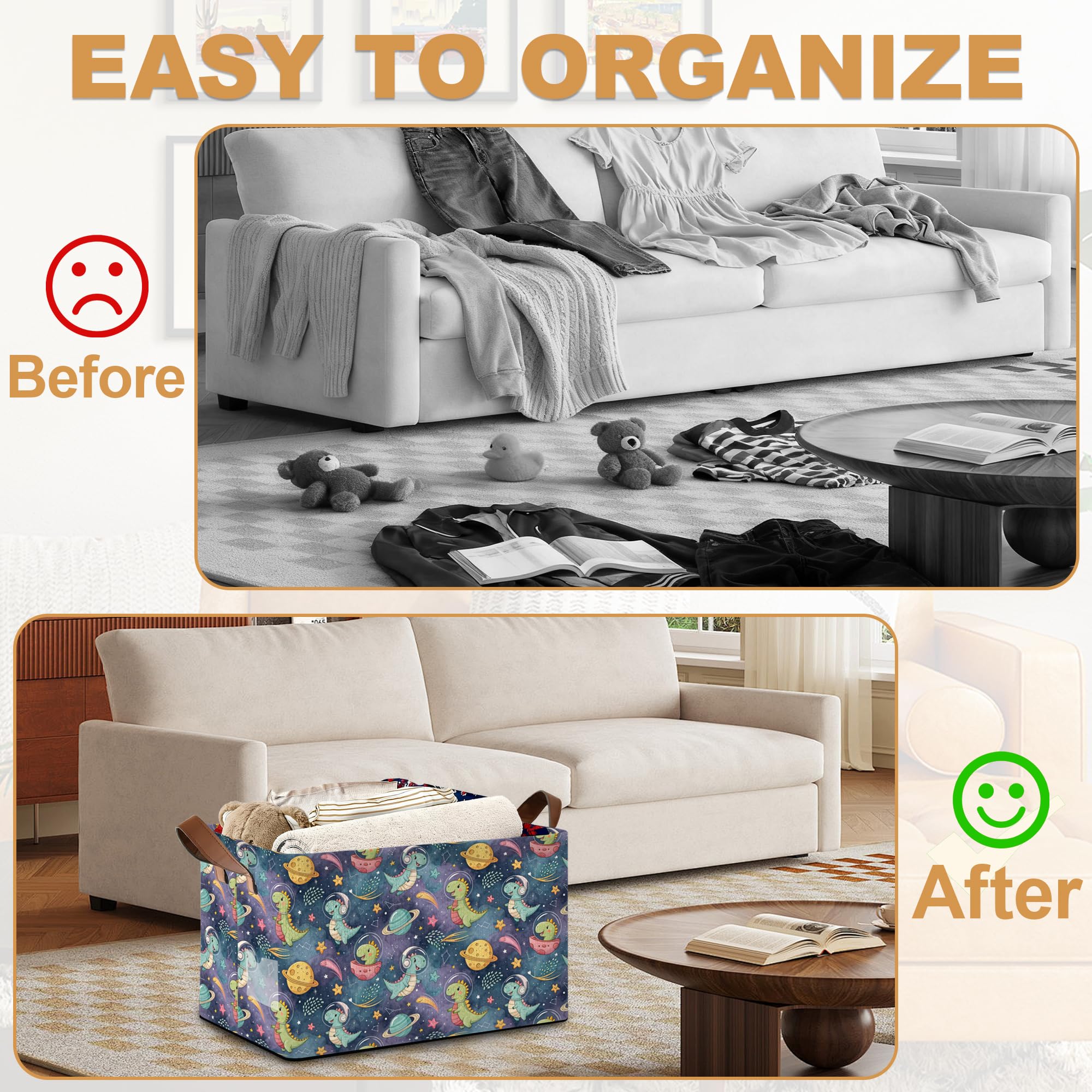 Oeaskly space dinosaur bin used for nursery storage and organizing essentials