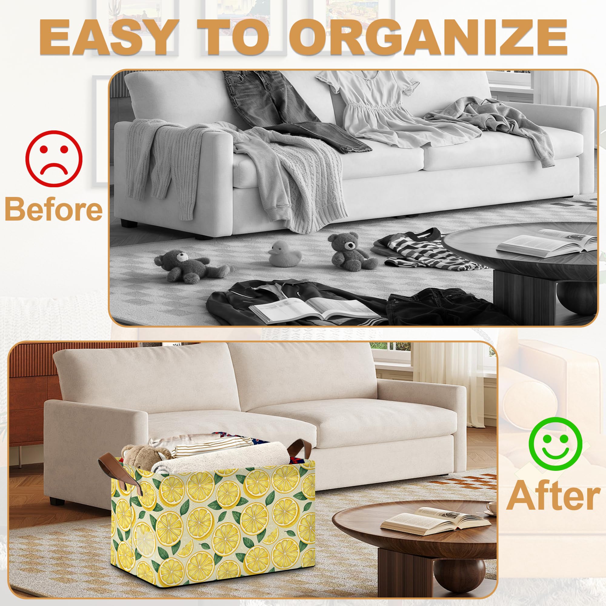 Oeaskly lemon storage bin used as a laundry hamper in bedroom