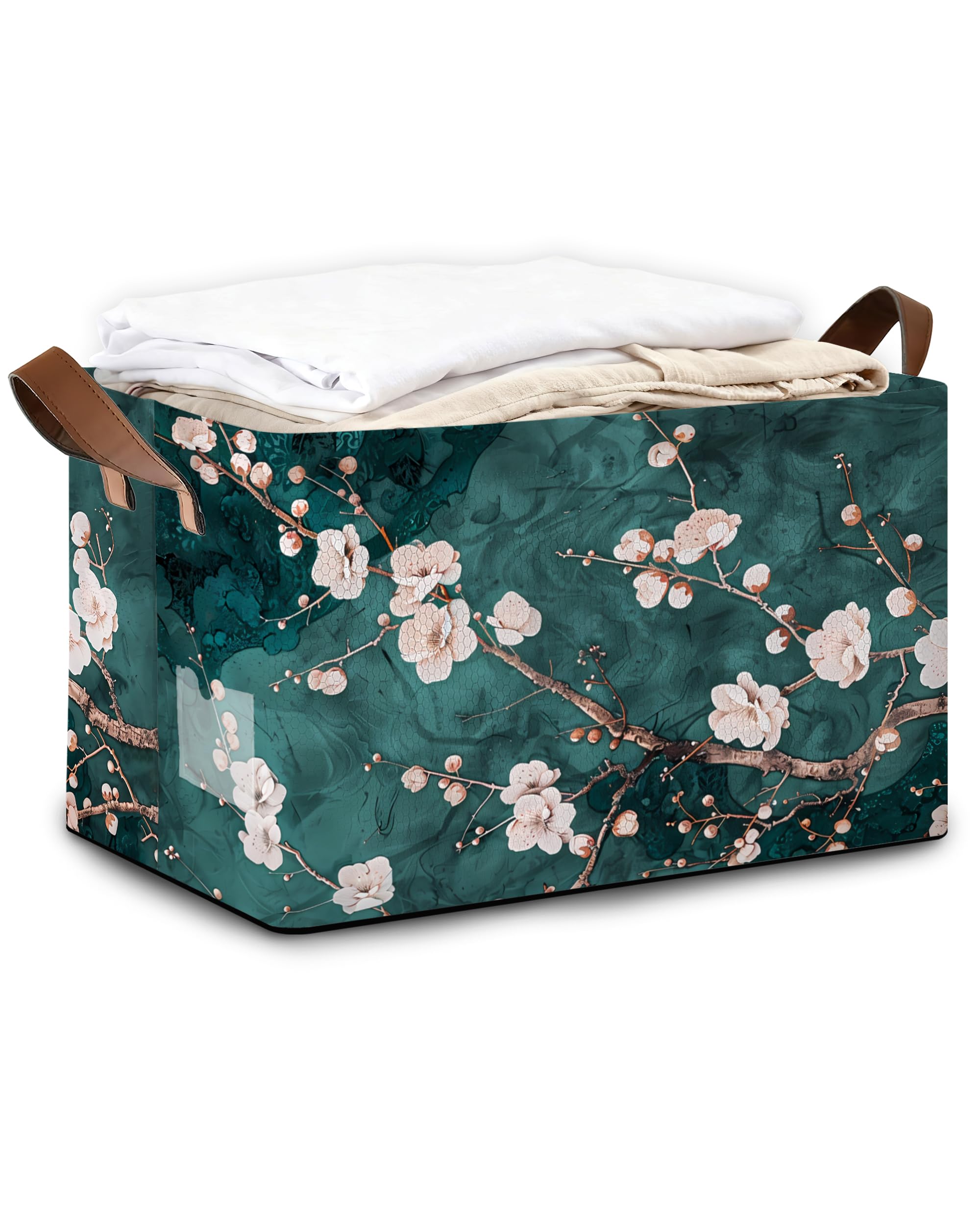 Oeaskly Plum Blossom storage bin with handles for easy transport and organized shelves.