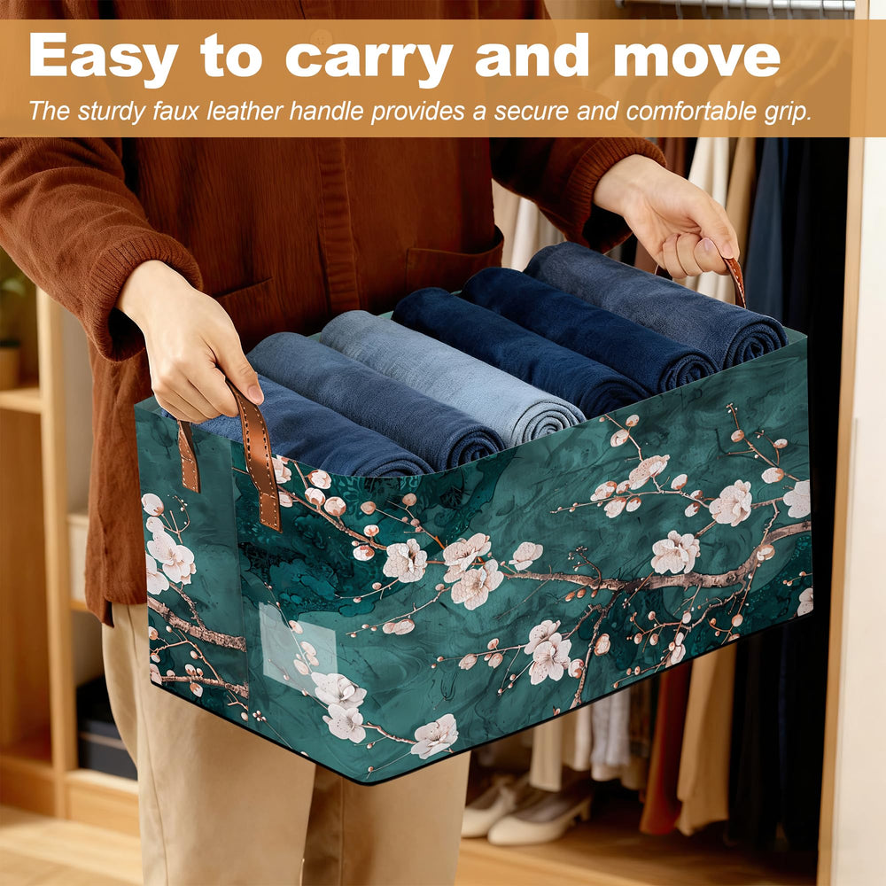 Oeaskly Plum Blossom storage bin in nursery or closet setup for organization.