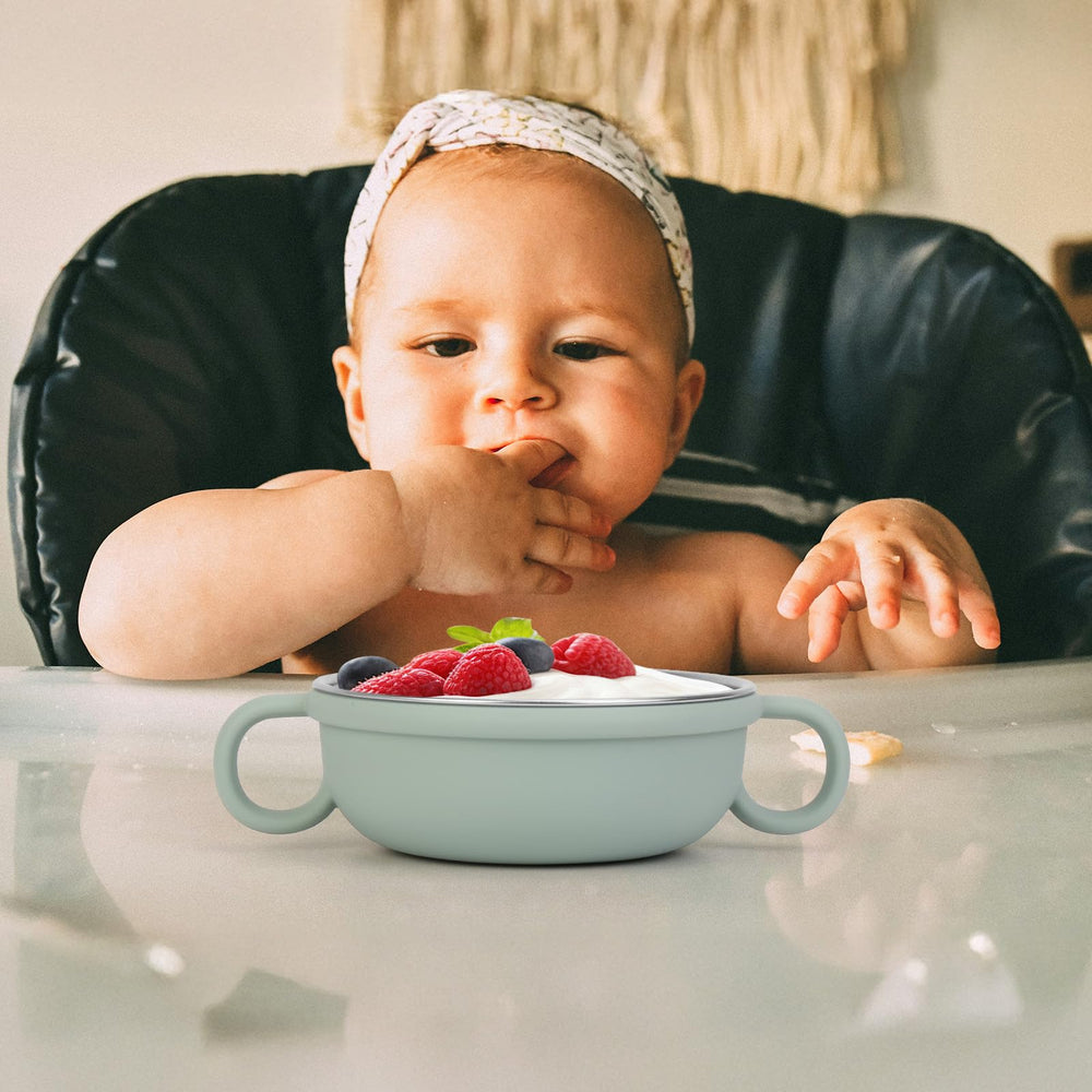OFFKITSLY baby bowls with removable silicone sleeve in colorful design.