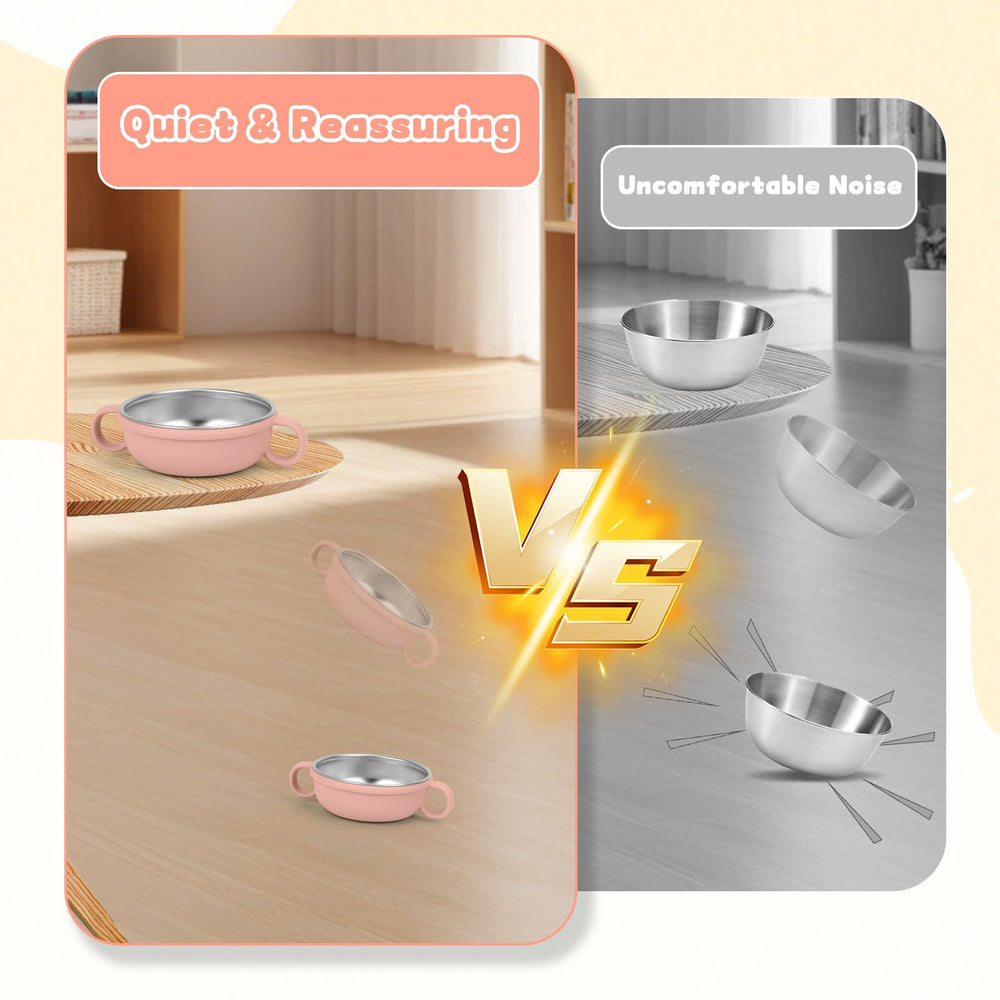 OFFKITSLY unbreakable metal bowls protect curious toddlers during meals.