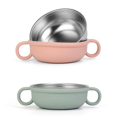 OFFKITSLY stainless steel baby bowls 2-pack with handles for easy feeding.
