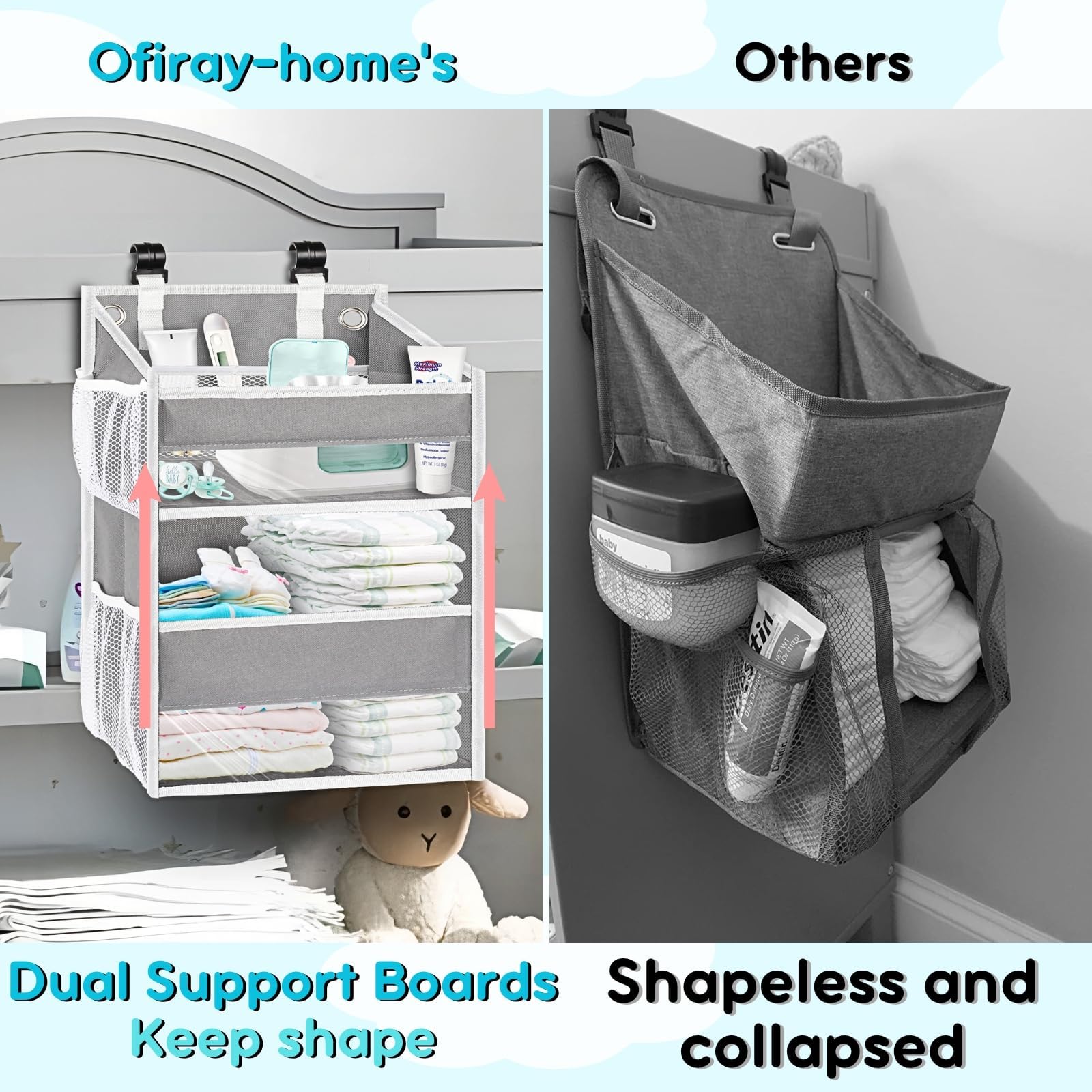 Ofiray-home diaper organizer with side pockets keeps wipes and creams within reach.