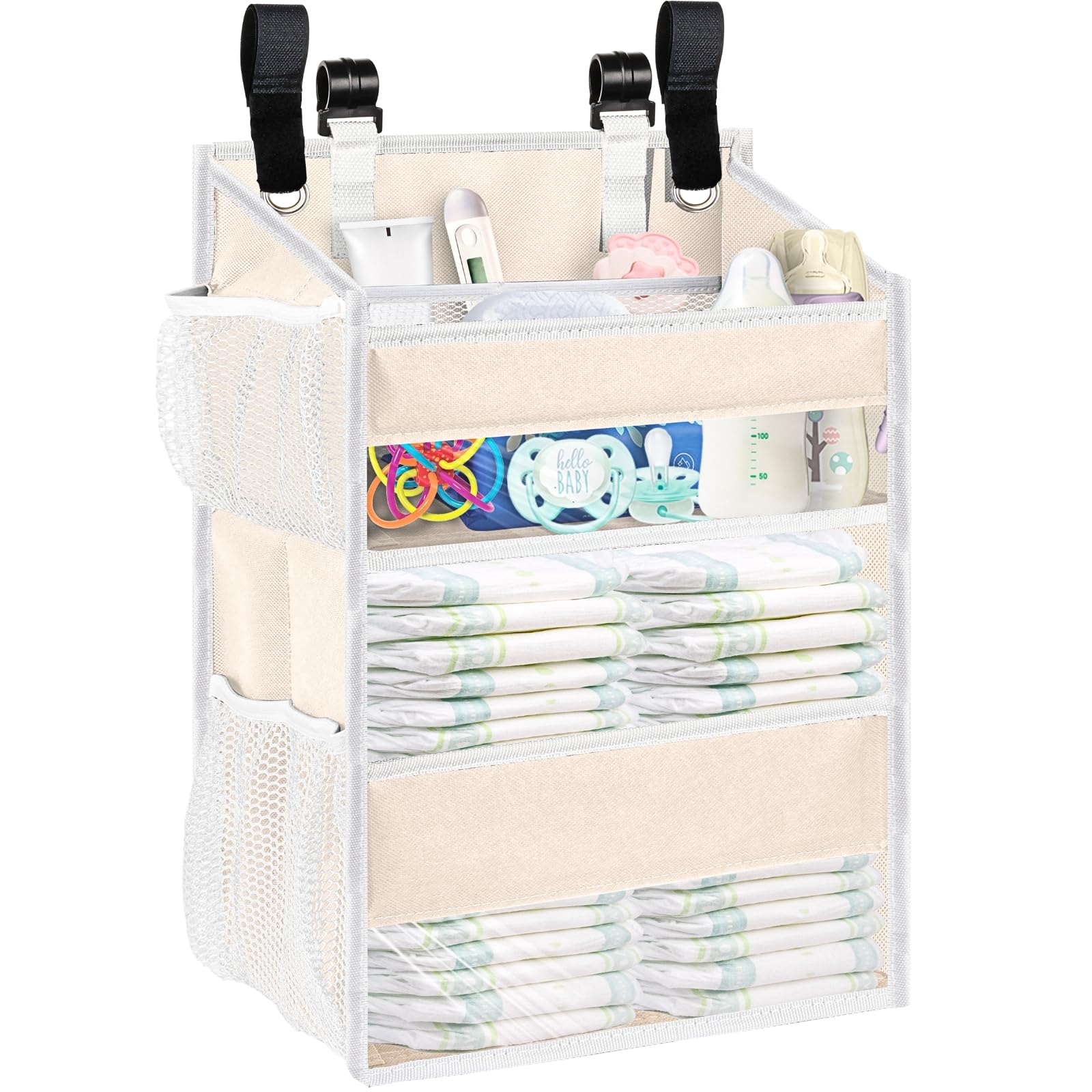 Ofiray-home hanging diaper organizer on crib rail for quick diaper changes.