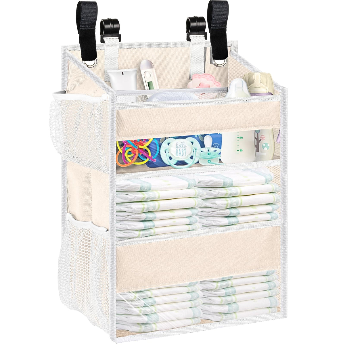 Ofiray-home hanging diaper organizer on crib rail for quick diaper changes.