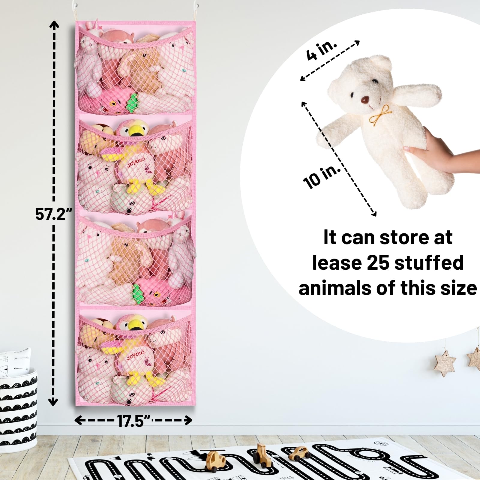 Ofiray-home four-pocket stuffed animal storage closeup highlighting room for toys and essentials.