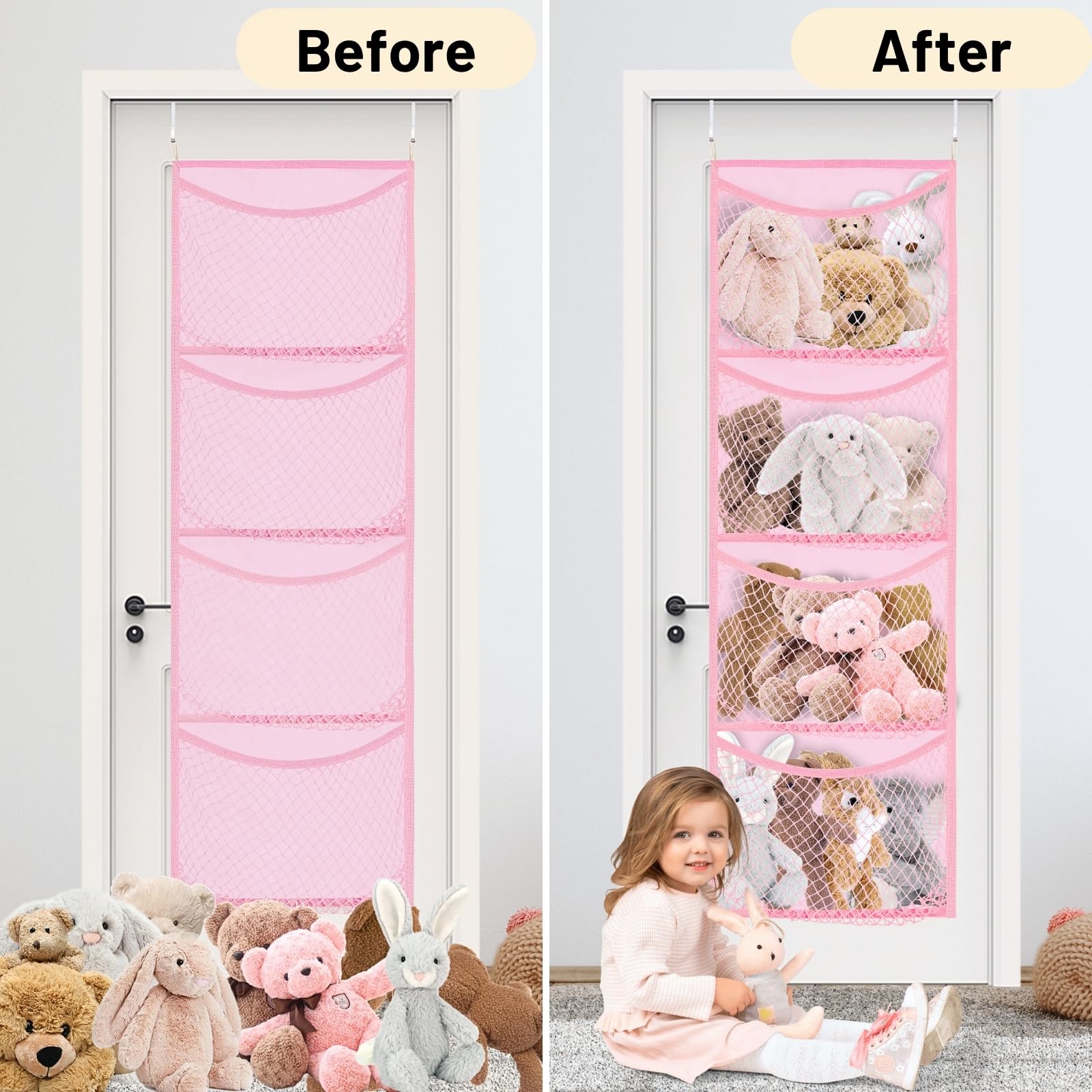 Ofiray-home nursery decor organizer in pink accent keeping plush toys neatly visible.