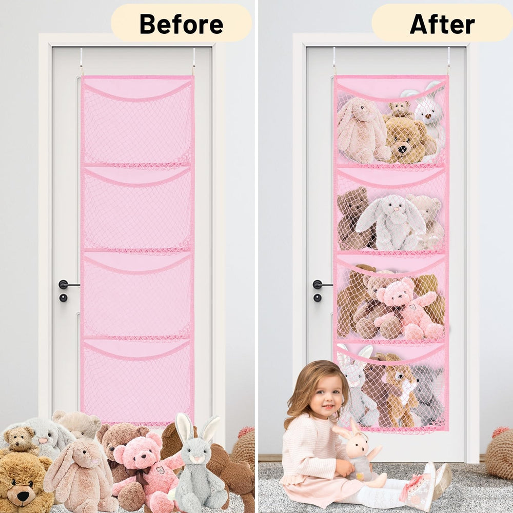 Ofiray-home nursery decor organizer in pink accent keeping plush toys neatly visible.