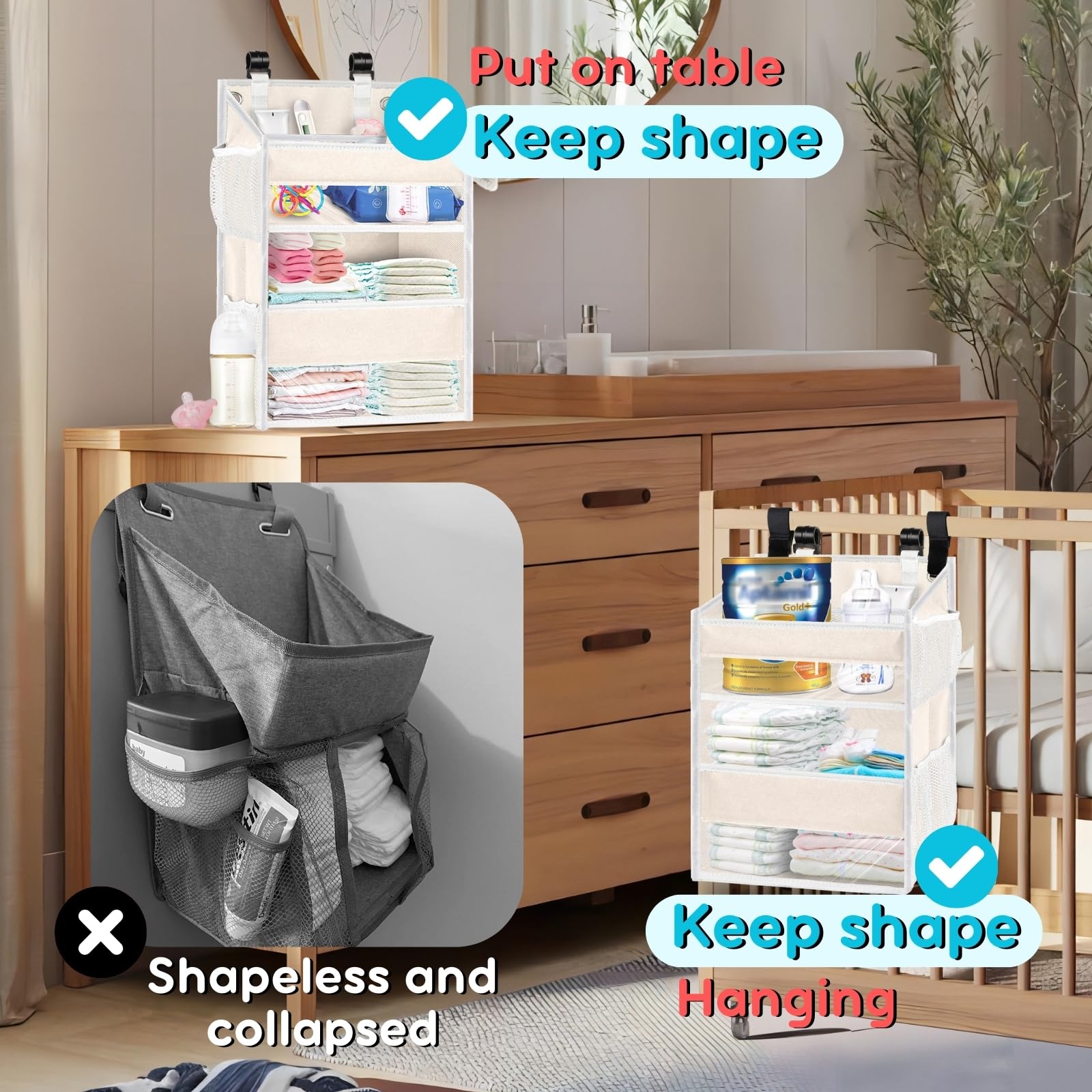 Ofiray-home two-tier diaper caddy with mesh pockets for visible essentials.
