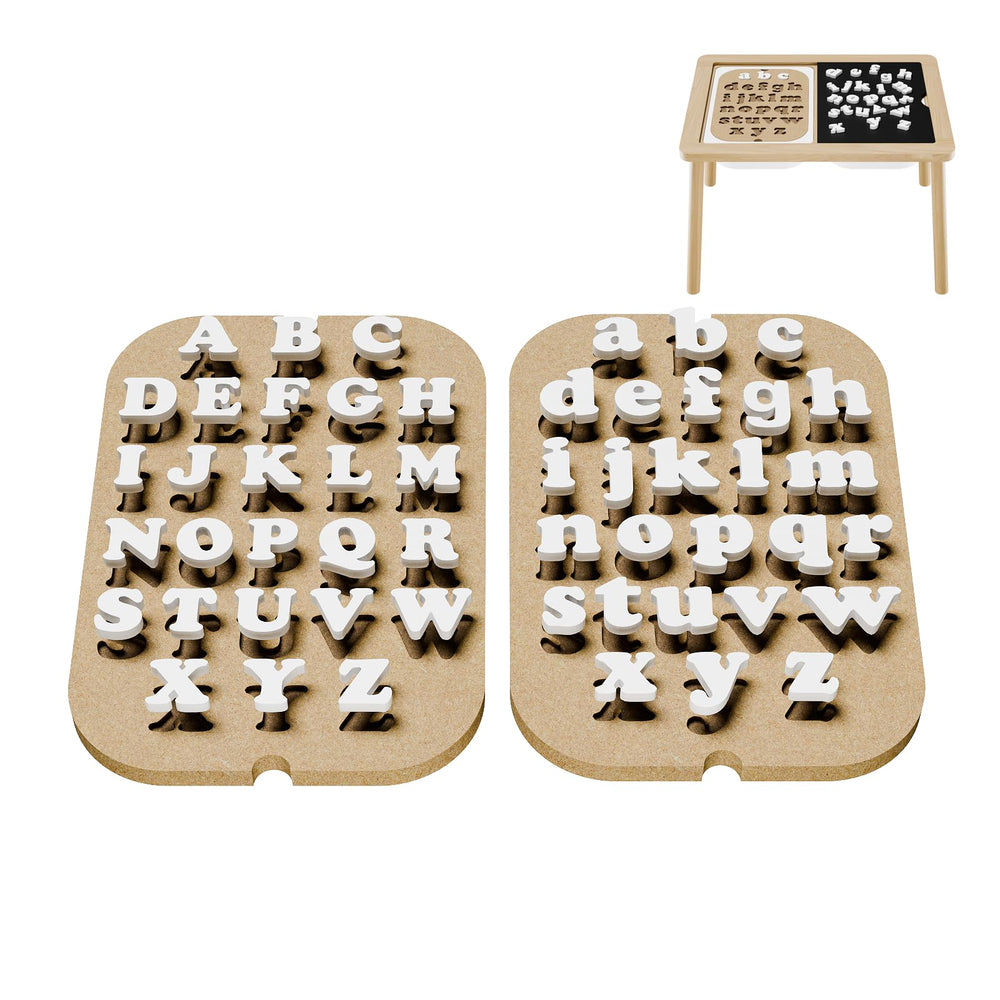 Ogears Alphabet Board Inserts on a sensory table for tactile letter play.