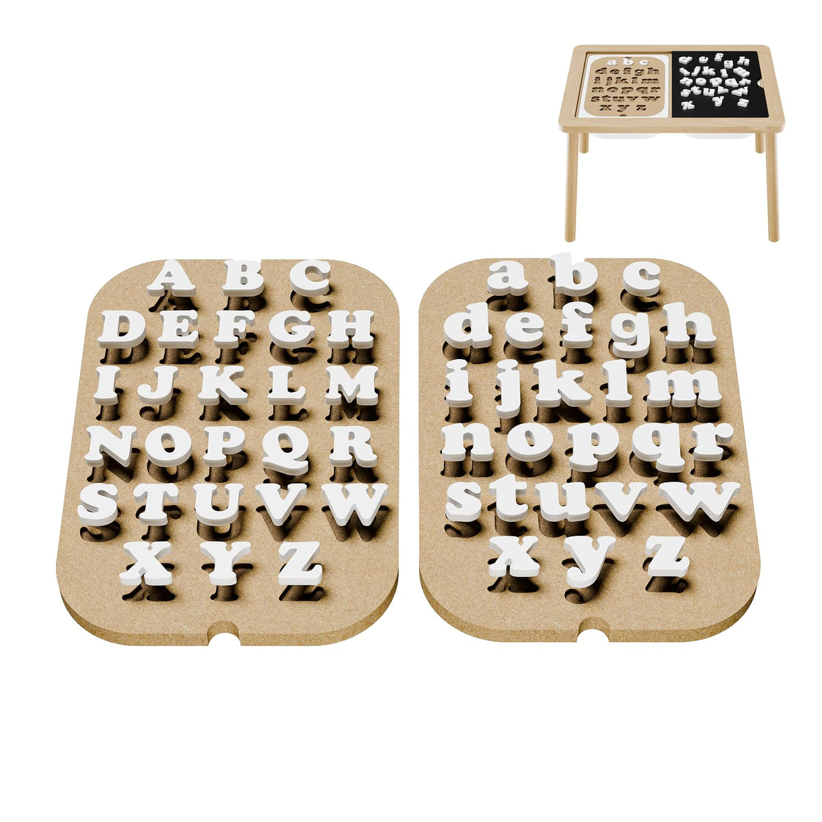 Ogears Alphabet Board Inserts on a sensory table for tactile letter play.